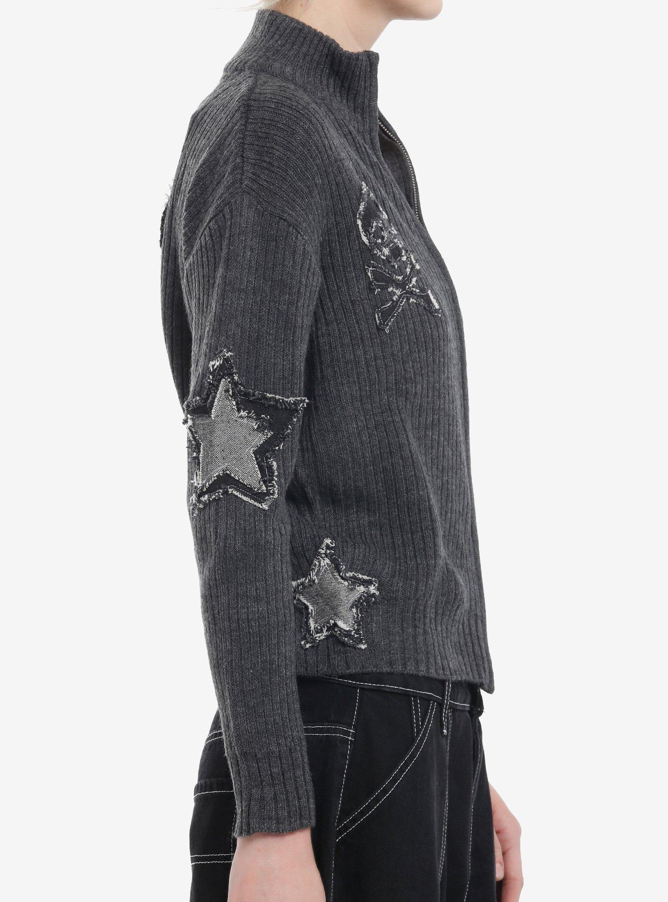 Star & Skull Patches Grey Knit Girls Jacket, , alternate