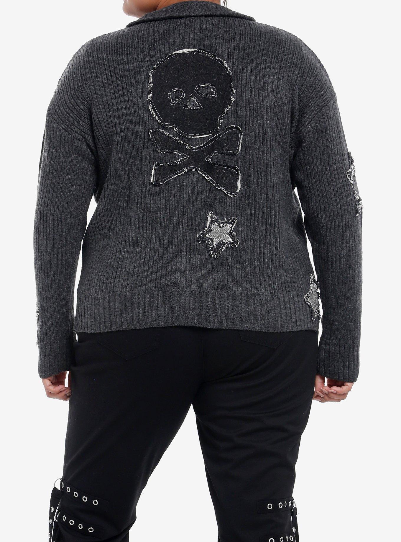 Star & Skull Patches Grey Knit Girls Jacket Plus Size, , alternate