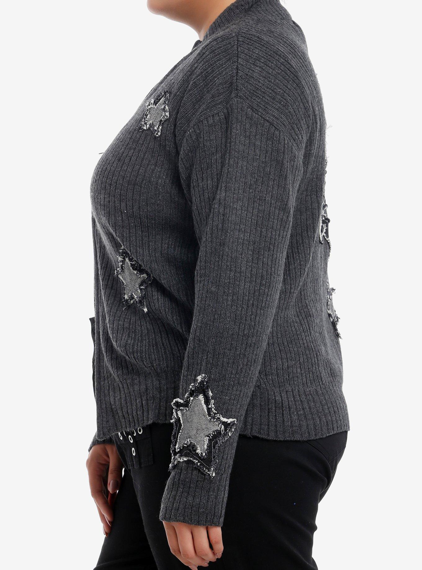 Star & Skull Patches Grey Knit Girls Jacket Plus Size, , alternate