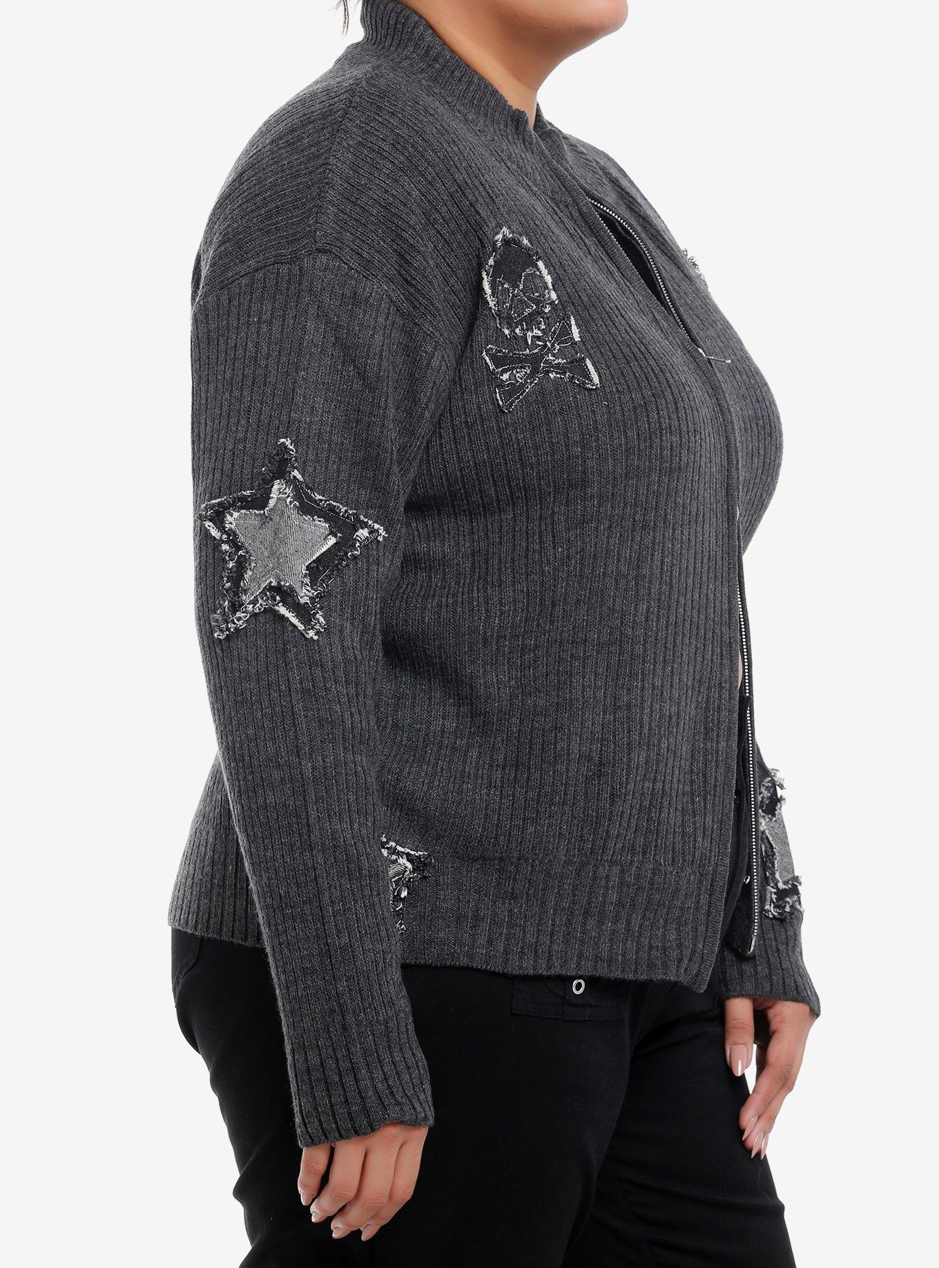 Star & Skull Patches Grey Knit Girls Jacket Plus Size, , alternate