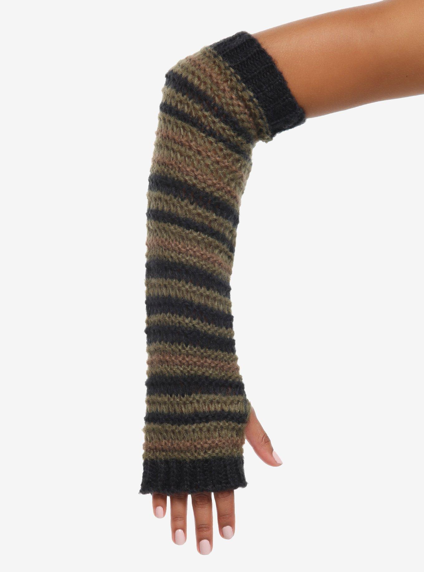 Fuzzy Olive Black Striped Arm Warmers