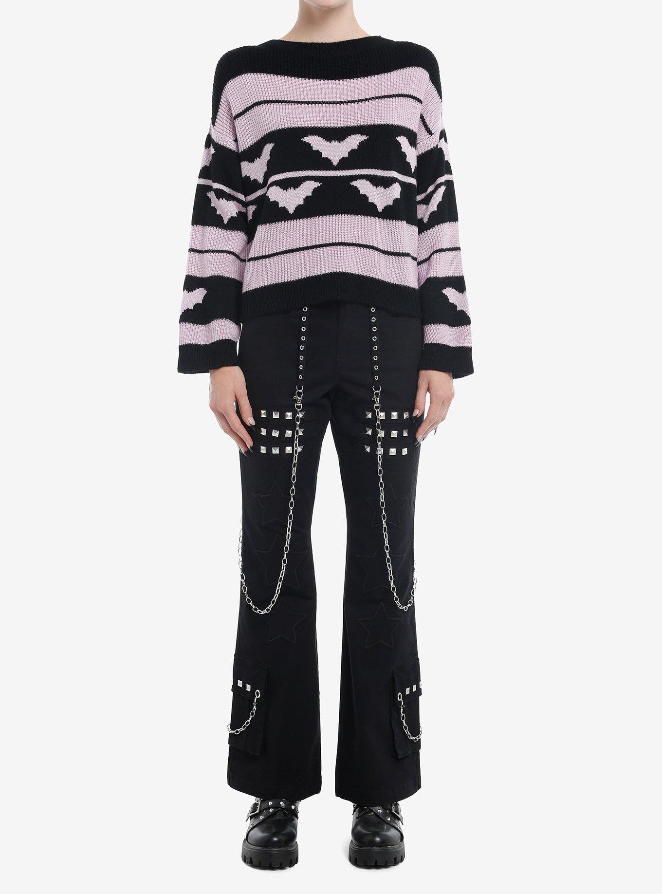 Sweet Society Purple & Black Bat Stripe Girls Oversized Sweater, BLACK, alternate