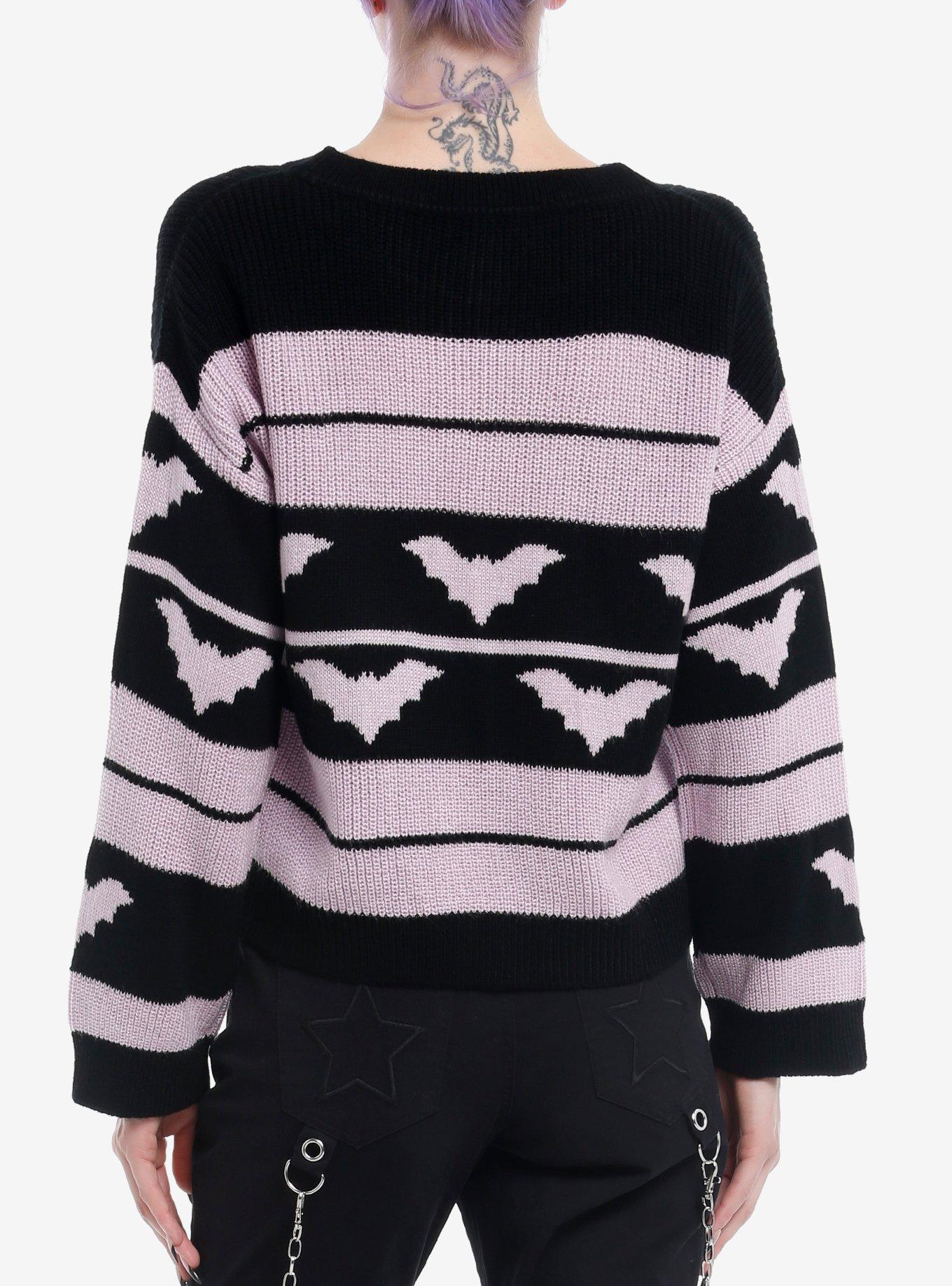 Sweet Society Purple & Black Bat Stripe Girls Oversized Sweater, BLACK, alternate