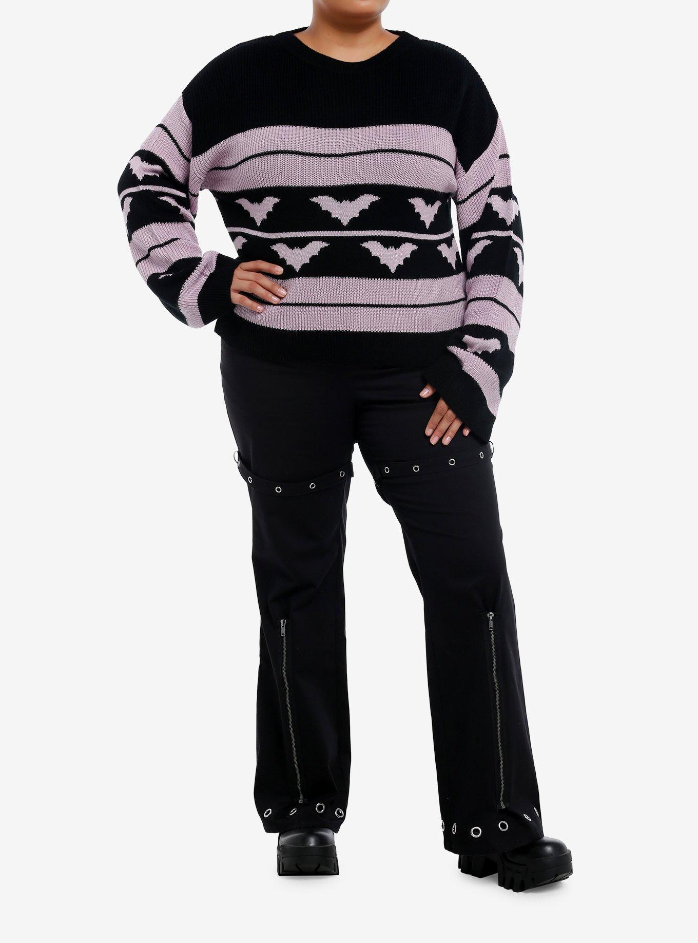 Sweet Society Purple & Black Bat Stripe Girls Oversized Sweater Plus Size, BLACK, alternate