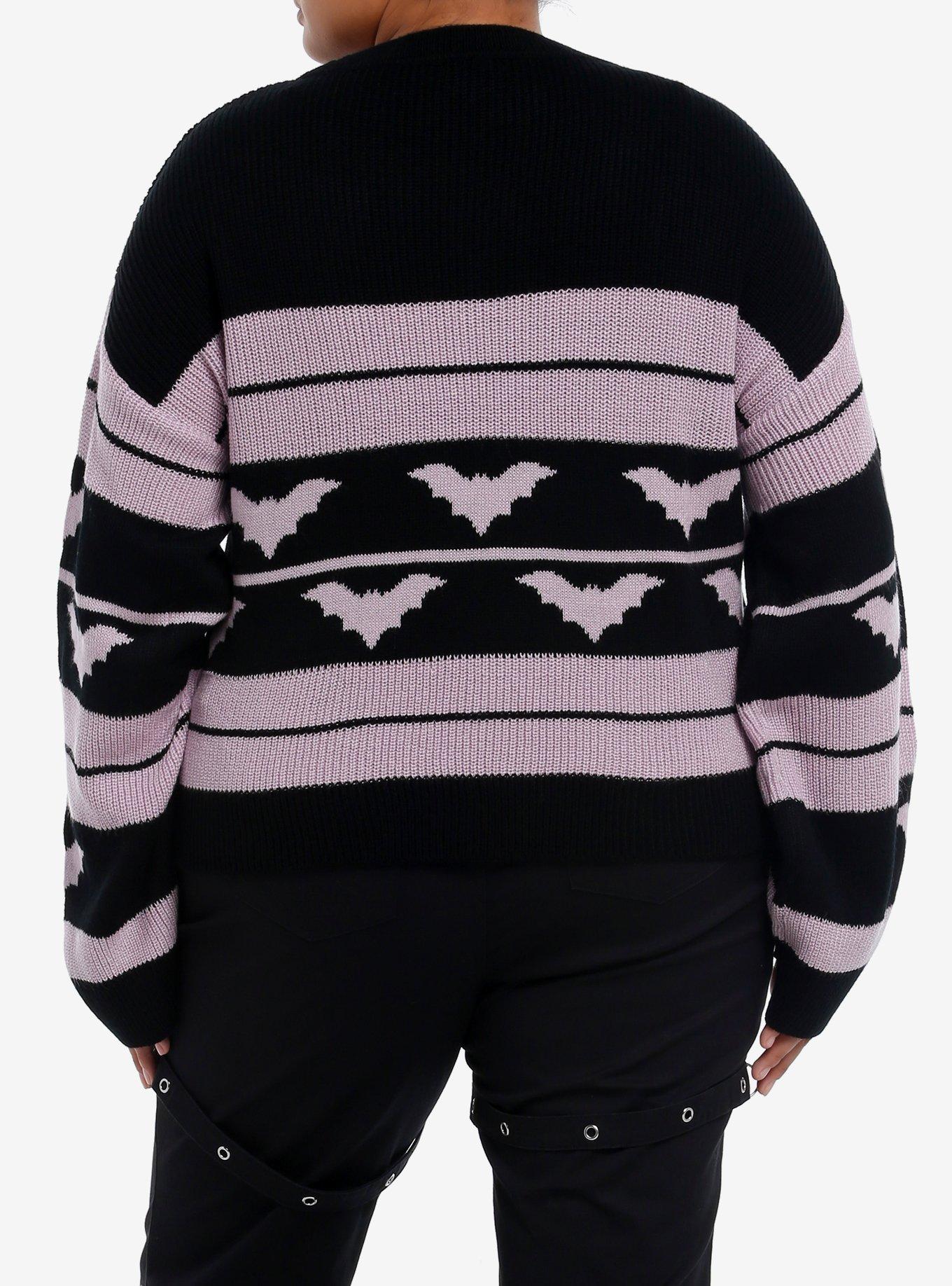 Sweet Society Purple & Black Bat Stripe Girls Oversized Sweater Plus Size, BLACK, alternate