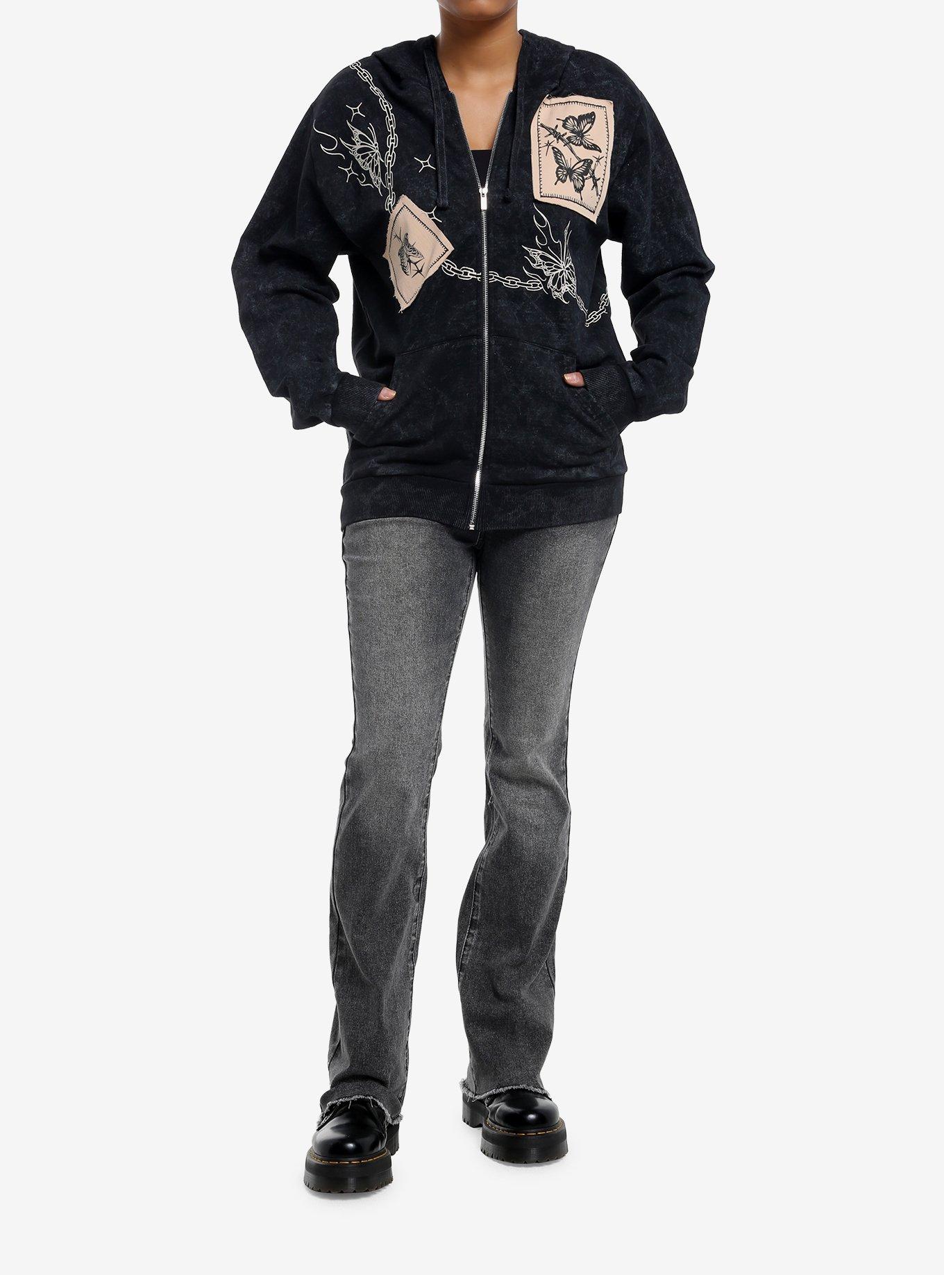 Butterfly Barbed Wire Patch Dark Wash Girls Hoodie, CREAM, alternate