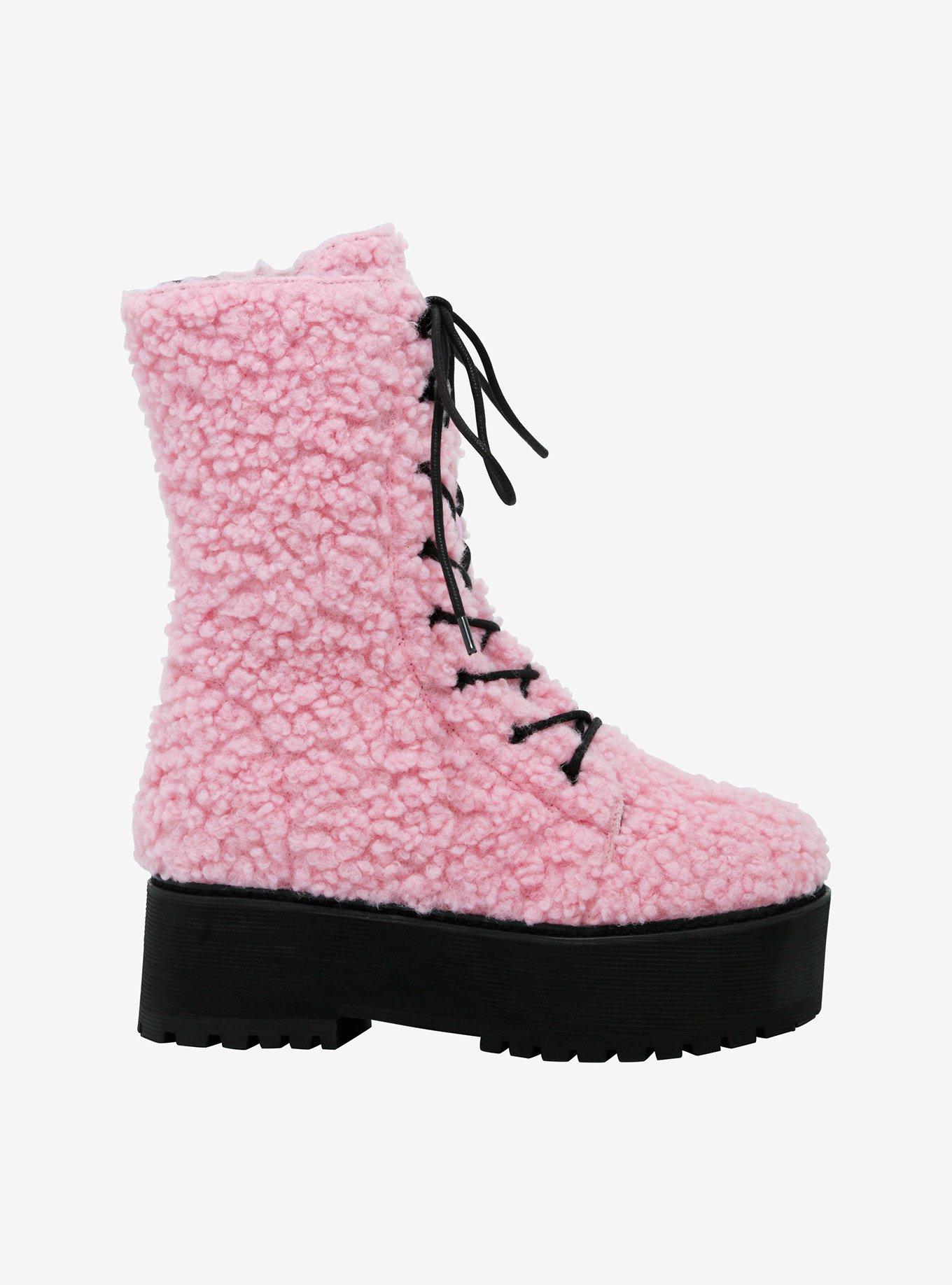 YRU Pastel Pink Sherpa Platform Combat Boots, , hi-res