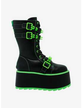YRU Black & Neon Green Spiked Trance Platform Boots, , hi-res