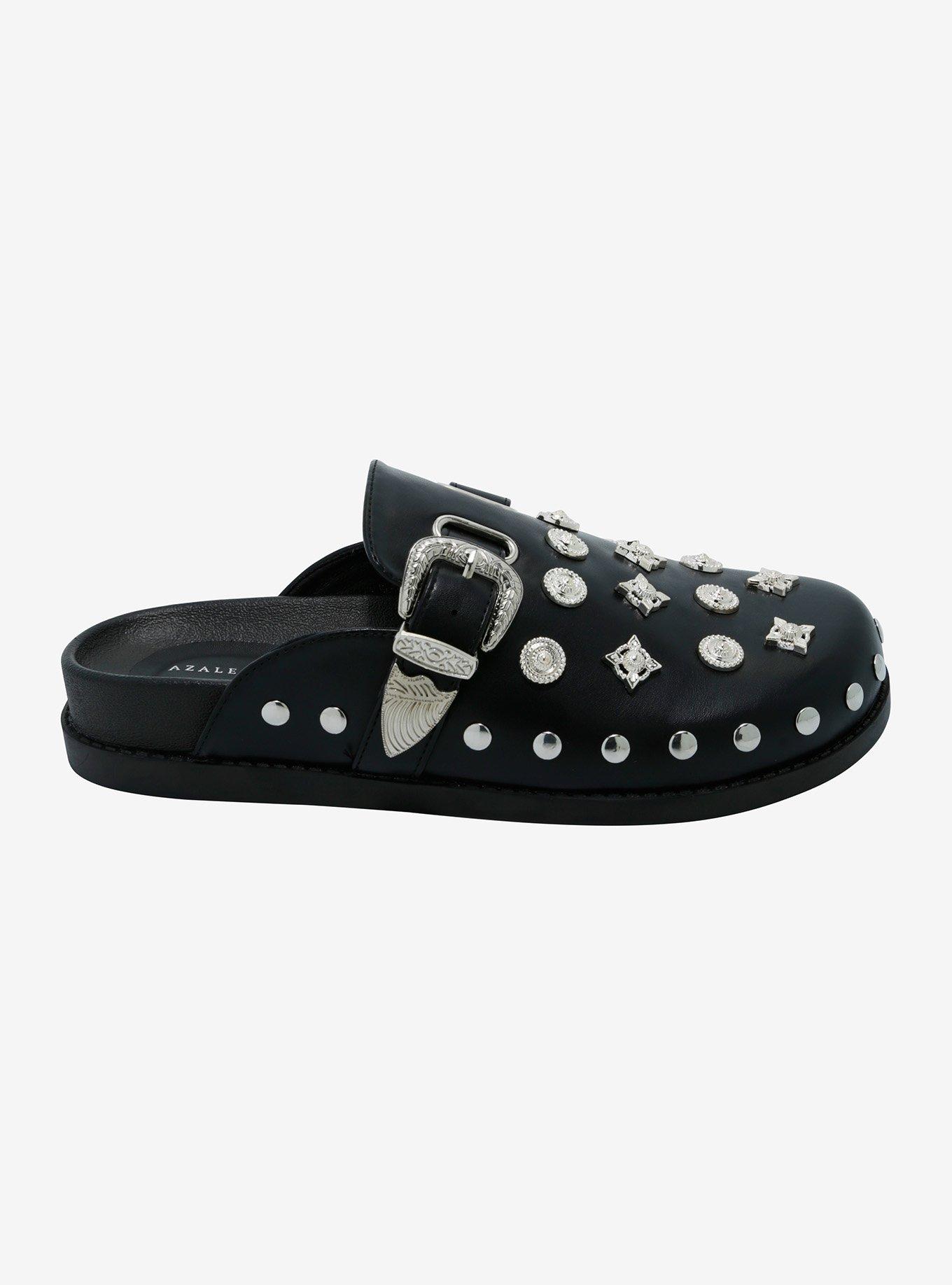Azalea Wang Black & Silver Studded Mules, , hi-res