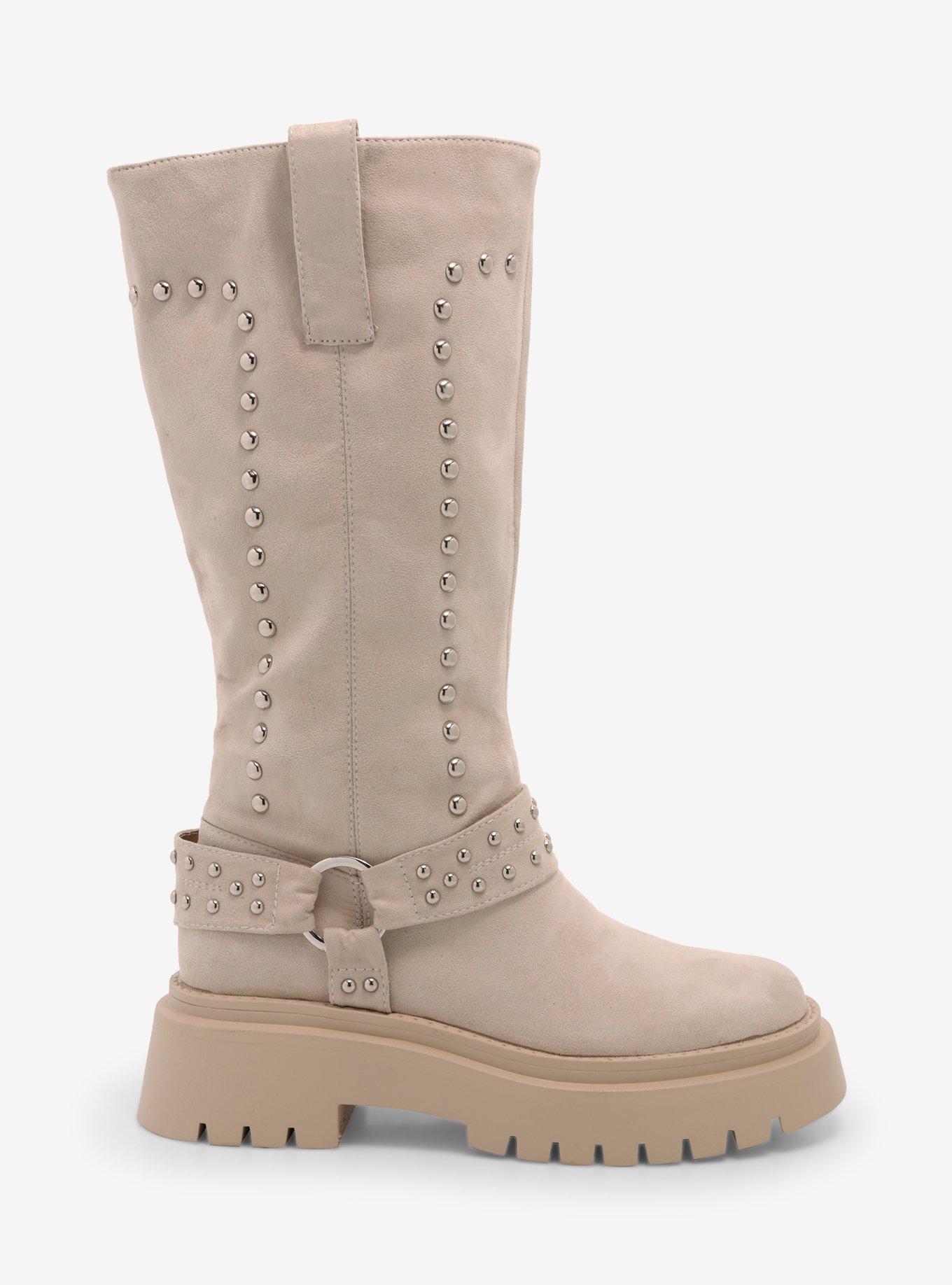 Azalea Wang Beige Studded Knee-High Platform Boots, , hi-res