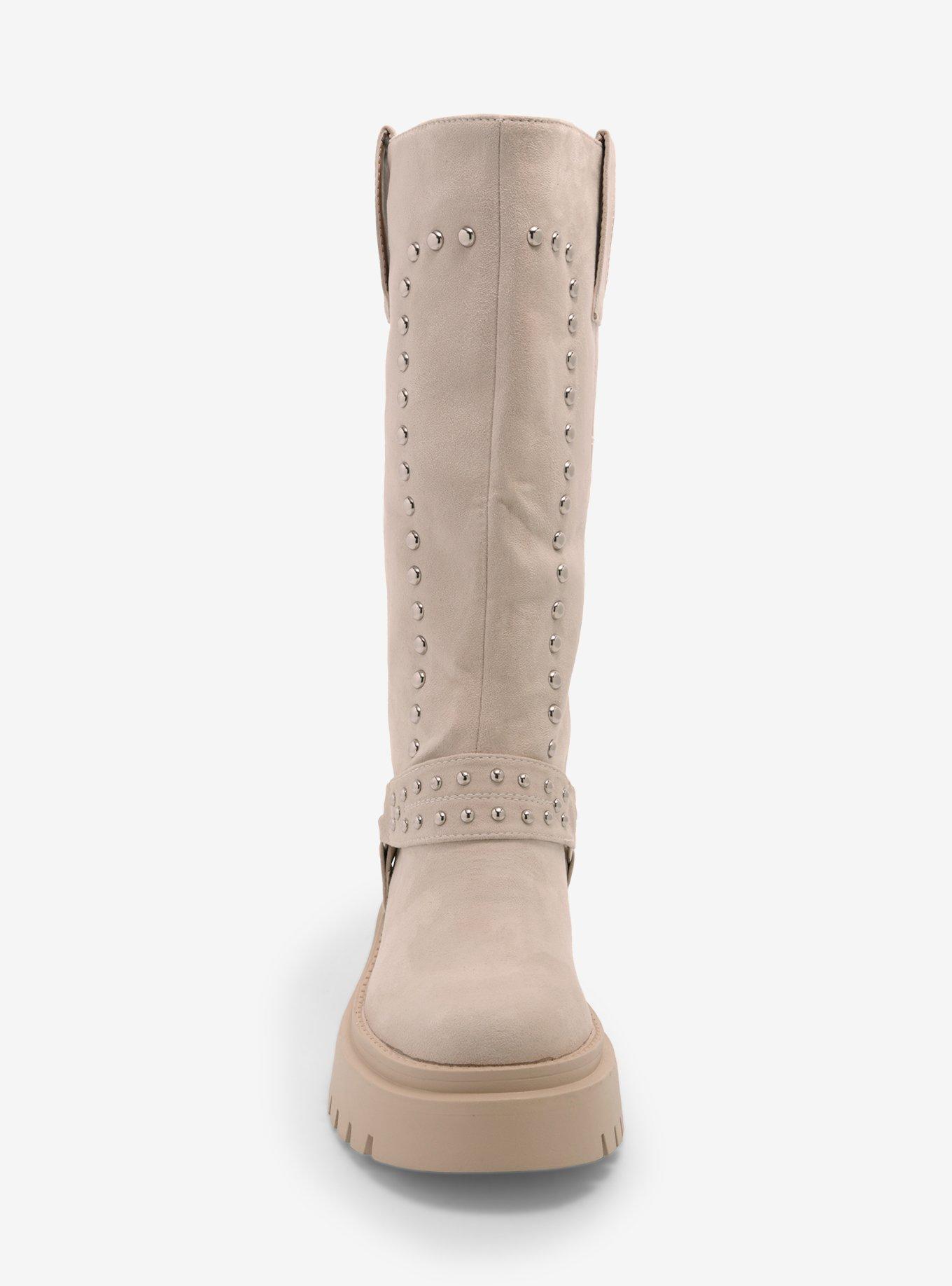 Azalea Wang Beige Studded Knee-High Platform Boots