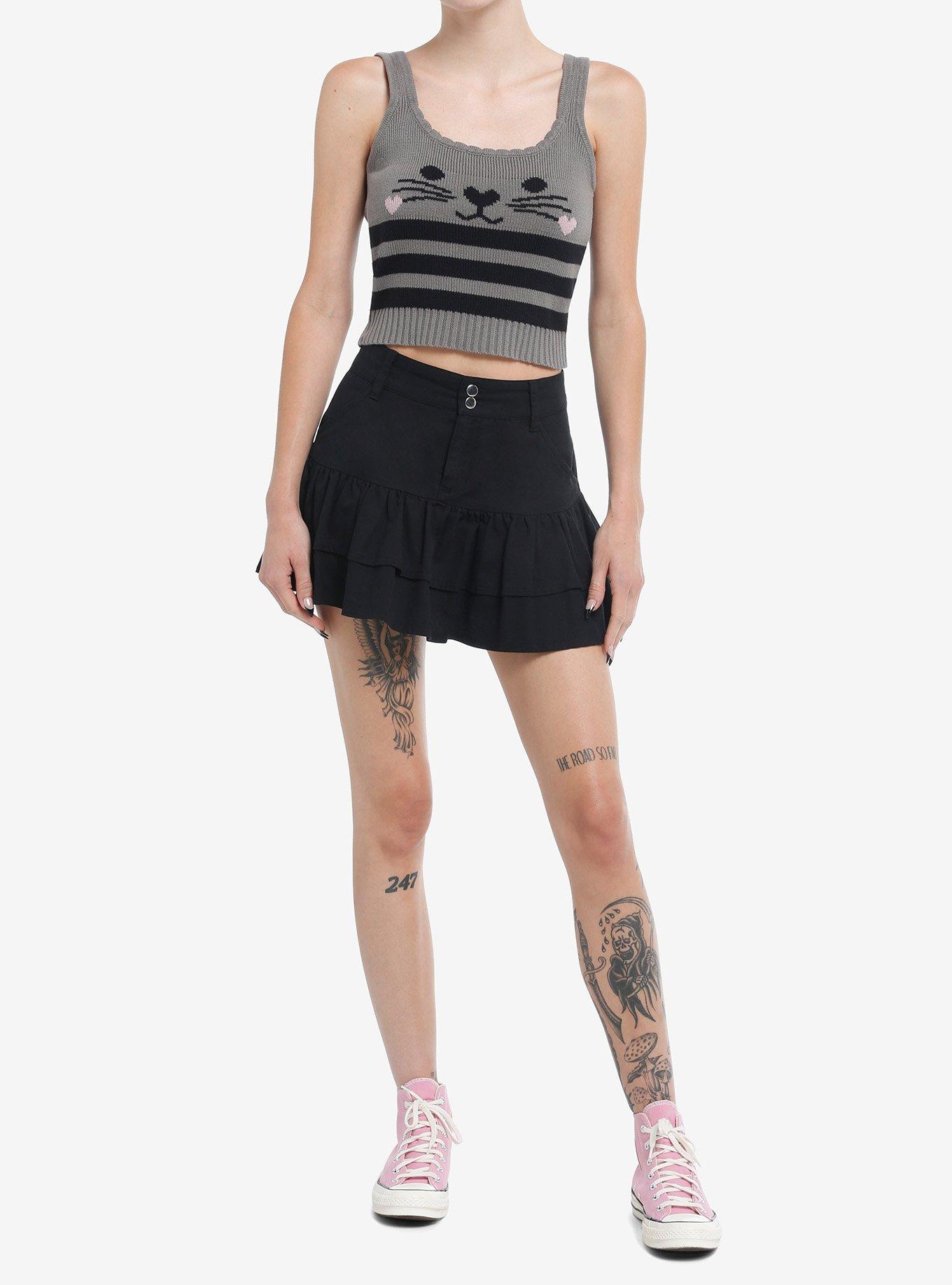 Sweet Society Grey Cat Stripe Girls Knit Tank Top, BLACK, alternate