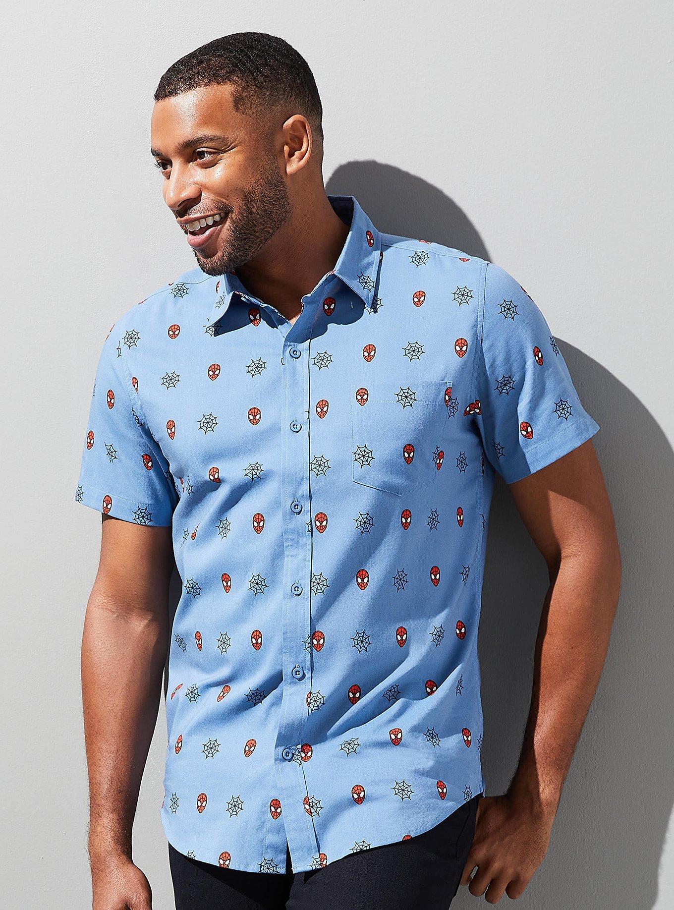 Marvel Spider-Man Mask & Web Allover Print Woven Button-Up - BoxLunch Exclusive, BLUE, alternate
