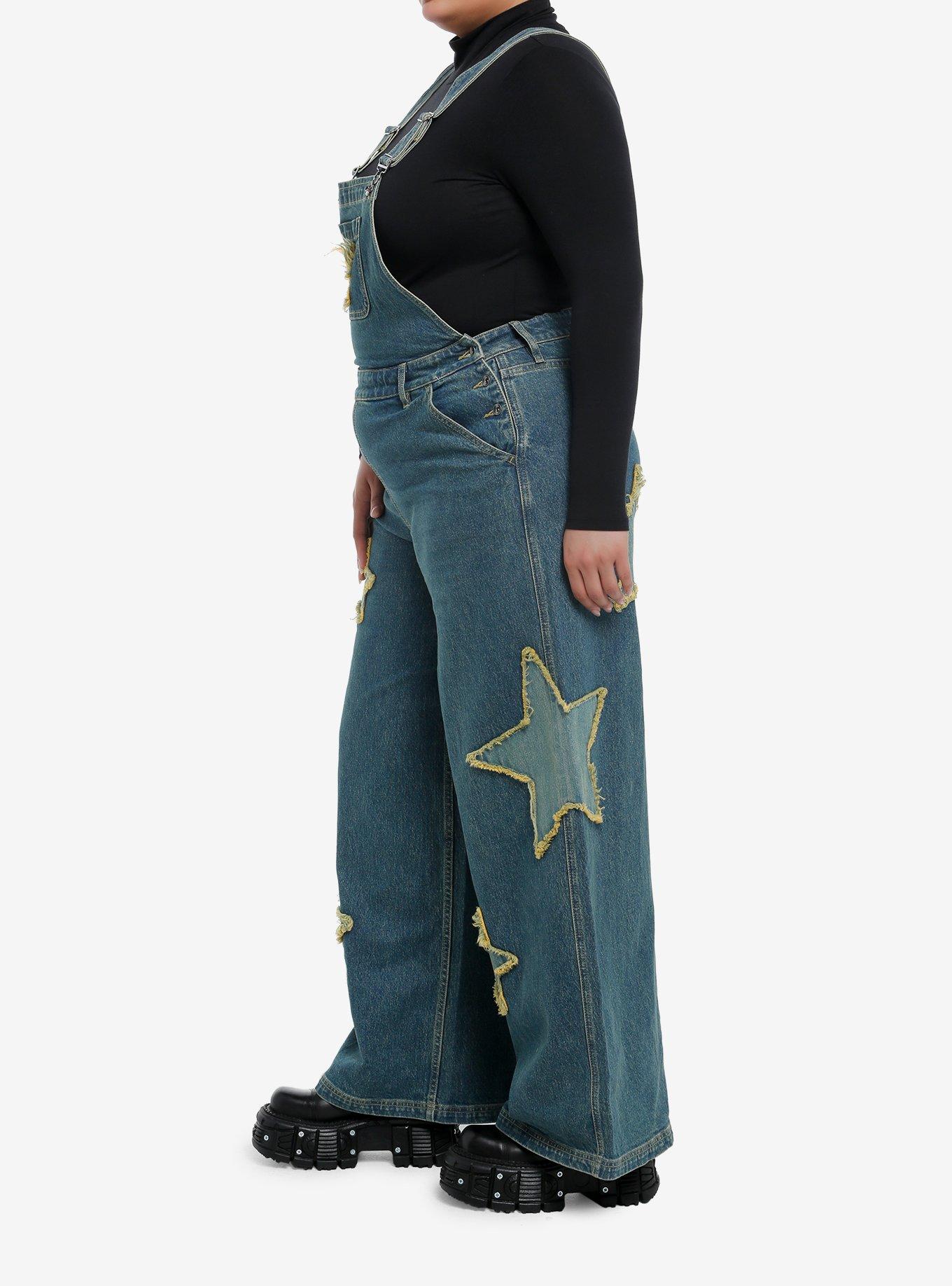 Star Patch Denim Overalls Plus Size, BLUE, alternate