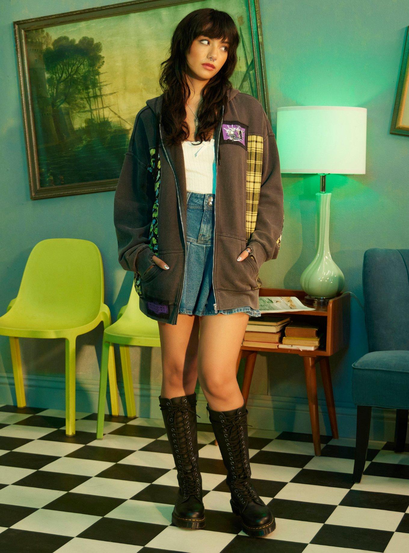 Beetlejuice Beetlejuice Floral Plaid Patches Girls Oversized Hoodie, MULTI, alternate