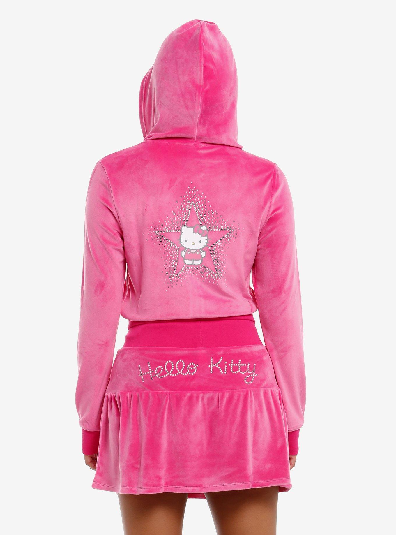 Hello Kitty Rhinestone Pink Velour Girls Crop Hoodie, , hi-res