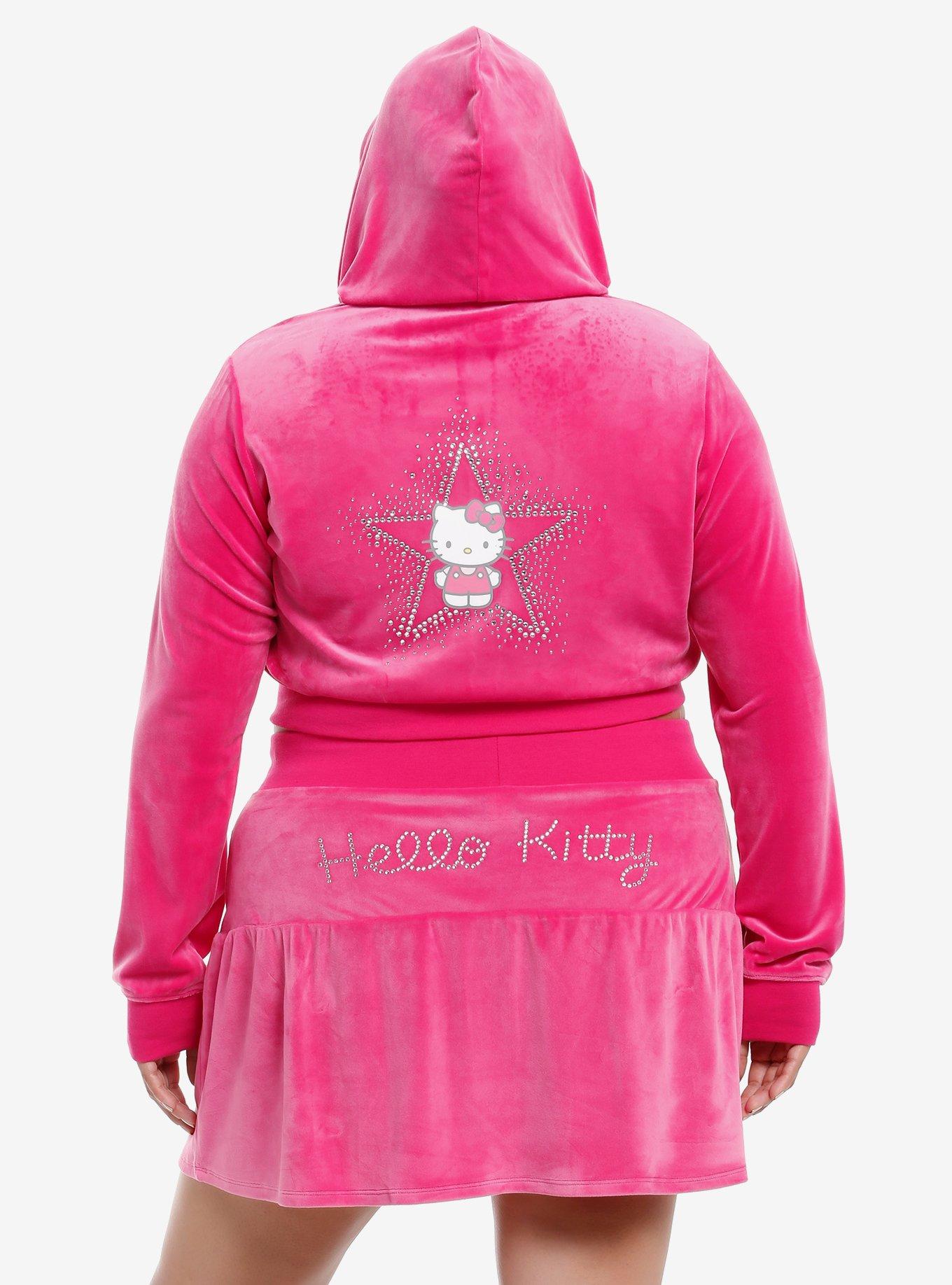 Hello Kitty Rhinestone Pink Velour Crop Girls Hoodie Plus Size, , hi-res