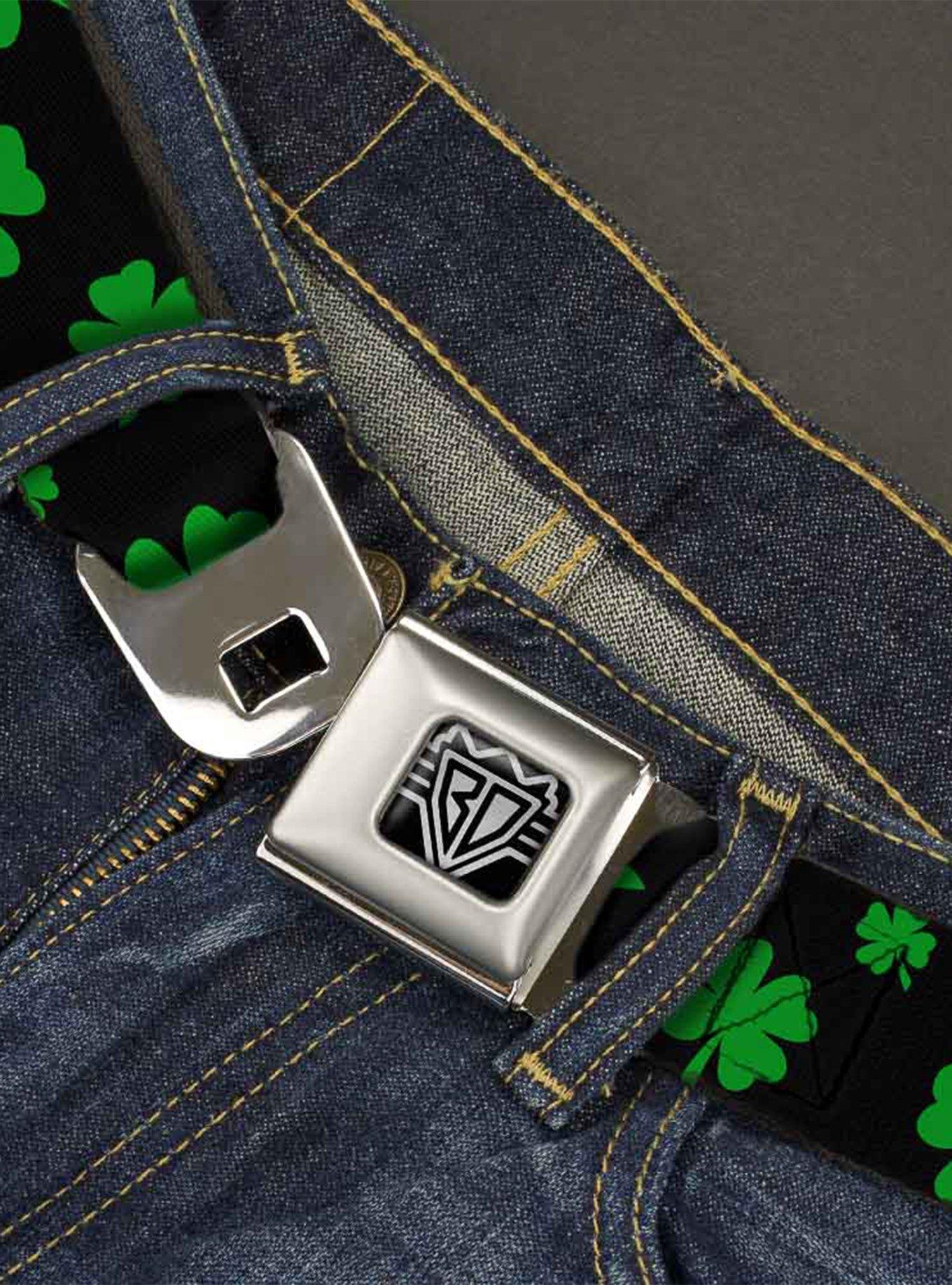 St. Patrick's Day Clovers Scattered Black Green Seatbelt Buckle Belt, , hi-res