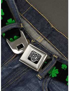 St. Patrick's Day Clovers Scattered Black Green Seatbelt Buckle Belt, , hi-res