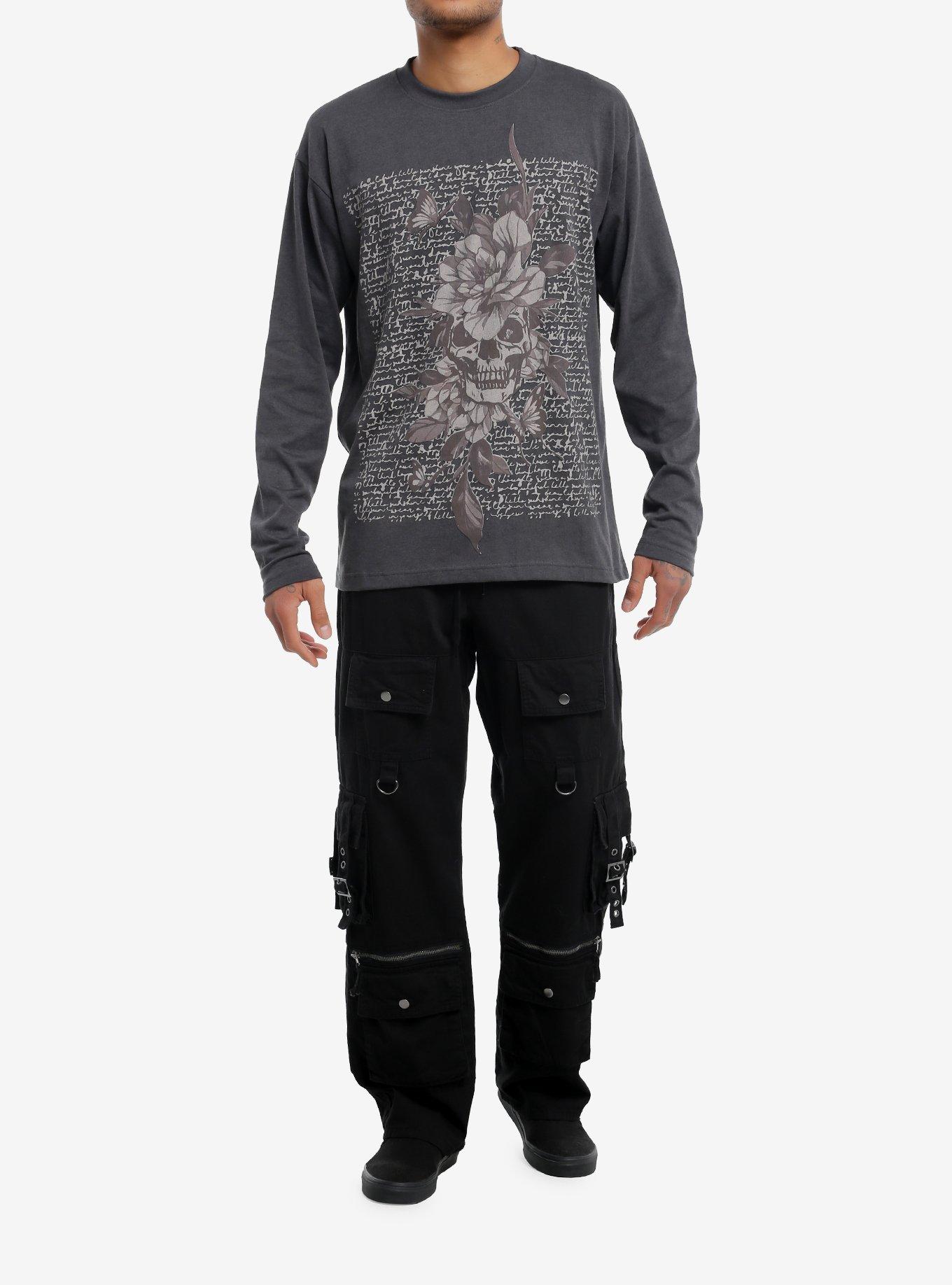 Dark Grey Floral Skull Long-Sleeve T-Shirt, BLACK, alternate