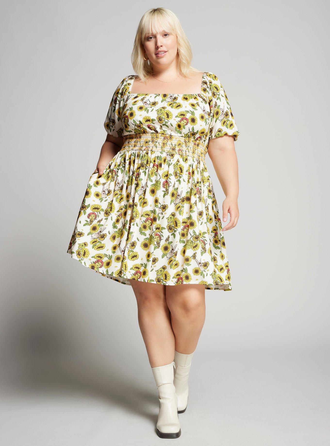 Shrek Sunflower Allover Print Smock Dress Plus Size, , hi-res