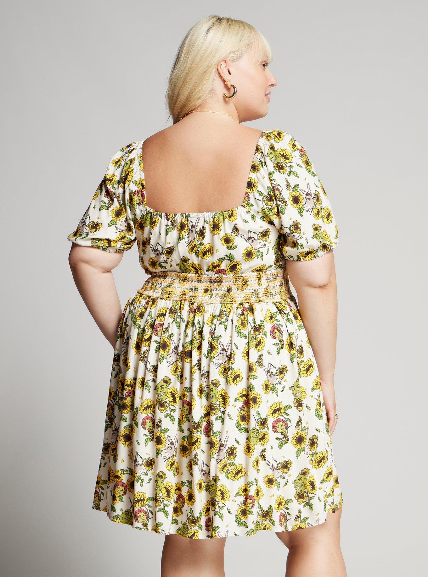 Shrek Sunflower Allover Print Smock Dress Plus Size, MULTI, alternate