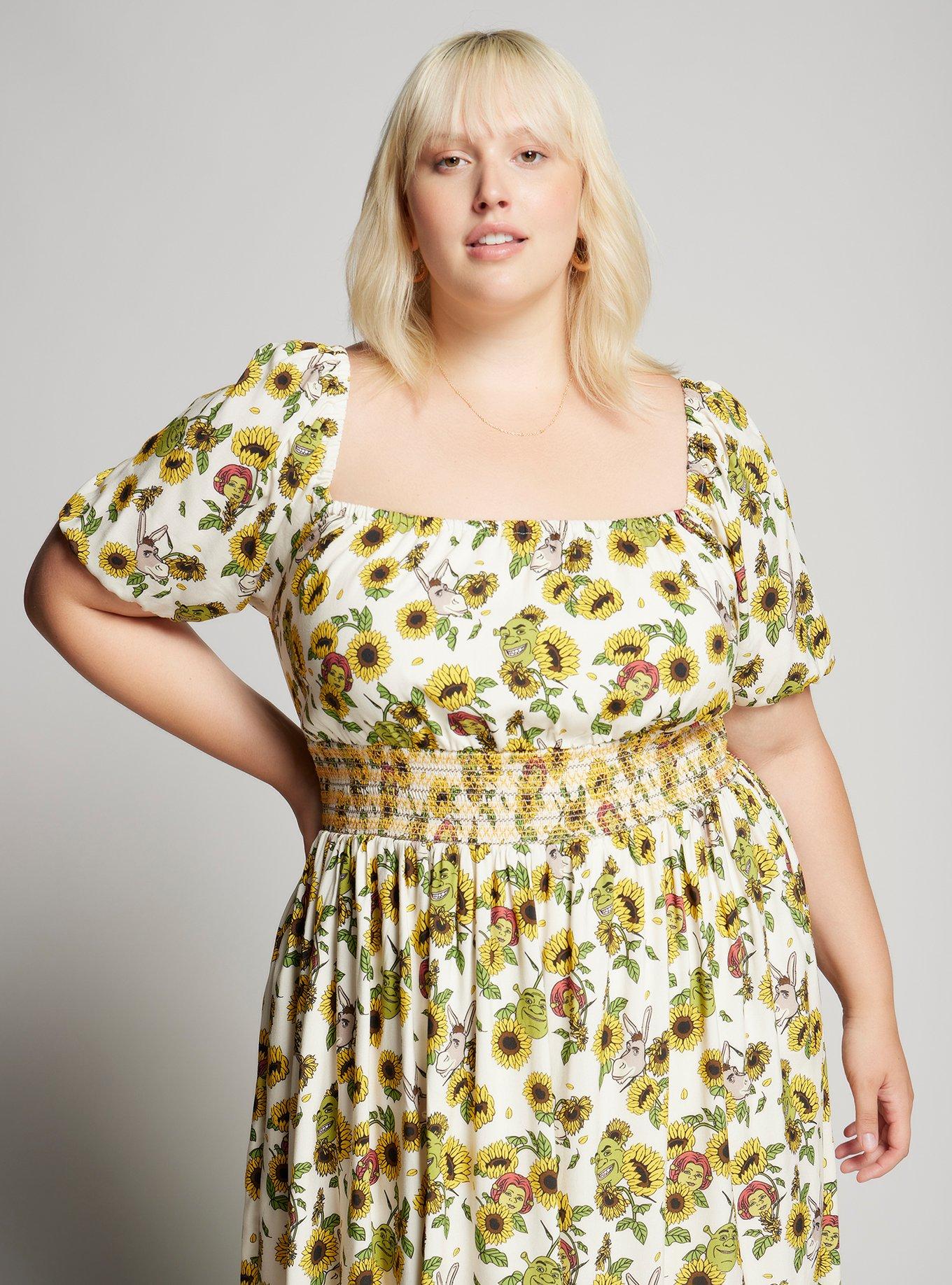 Shrek Sunflower Allover Print Smock Dress Plus Size, MULTI, alternate