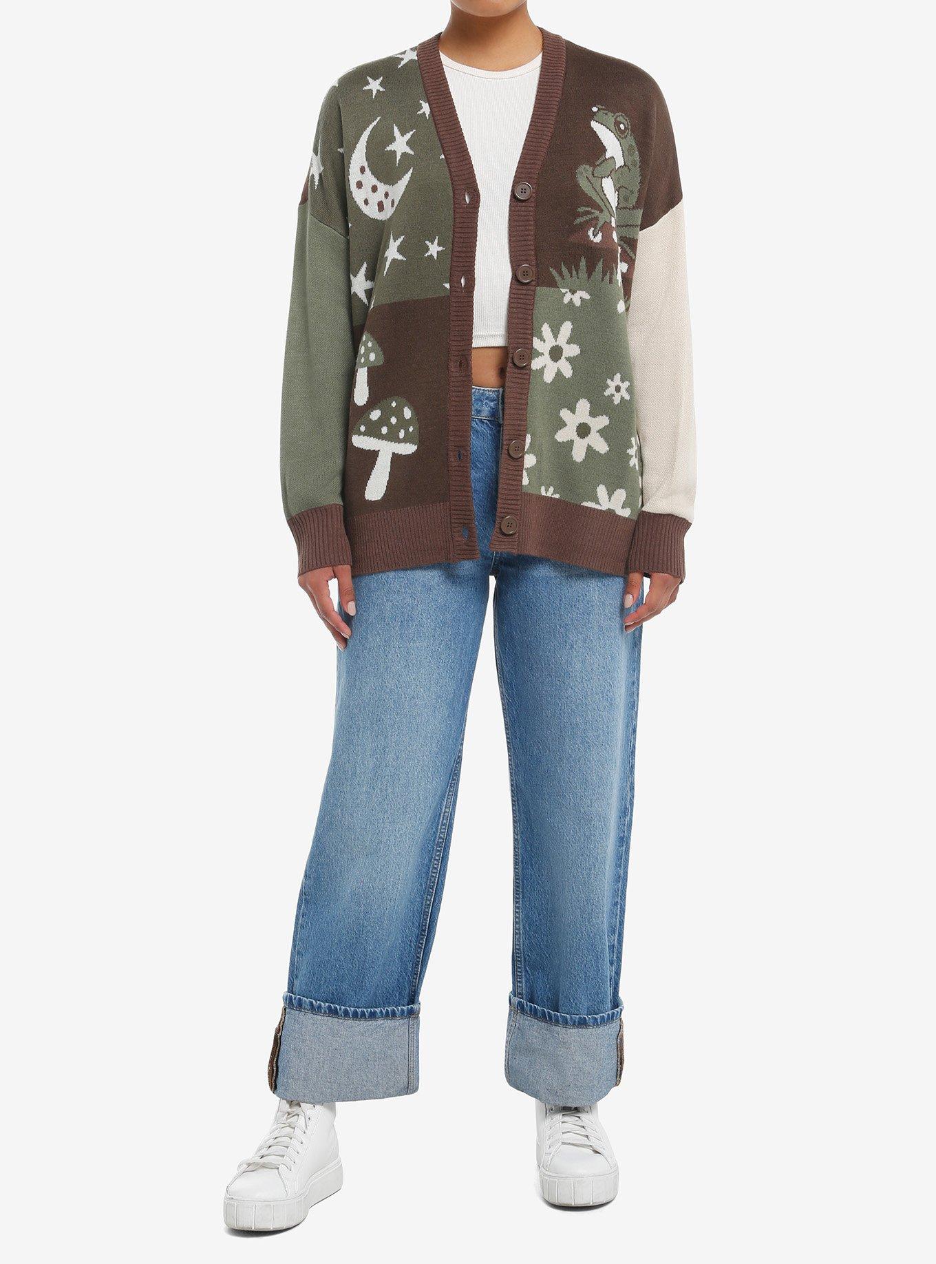 Thorn & Fable Frog Mushroom Cottage Color-Block Girls Cardigan, BROWN, alternate