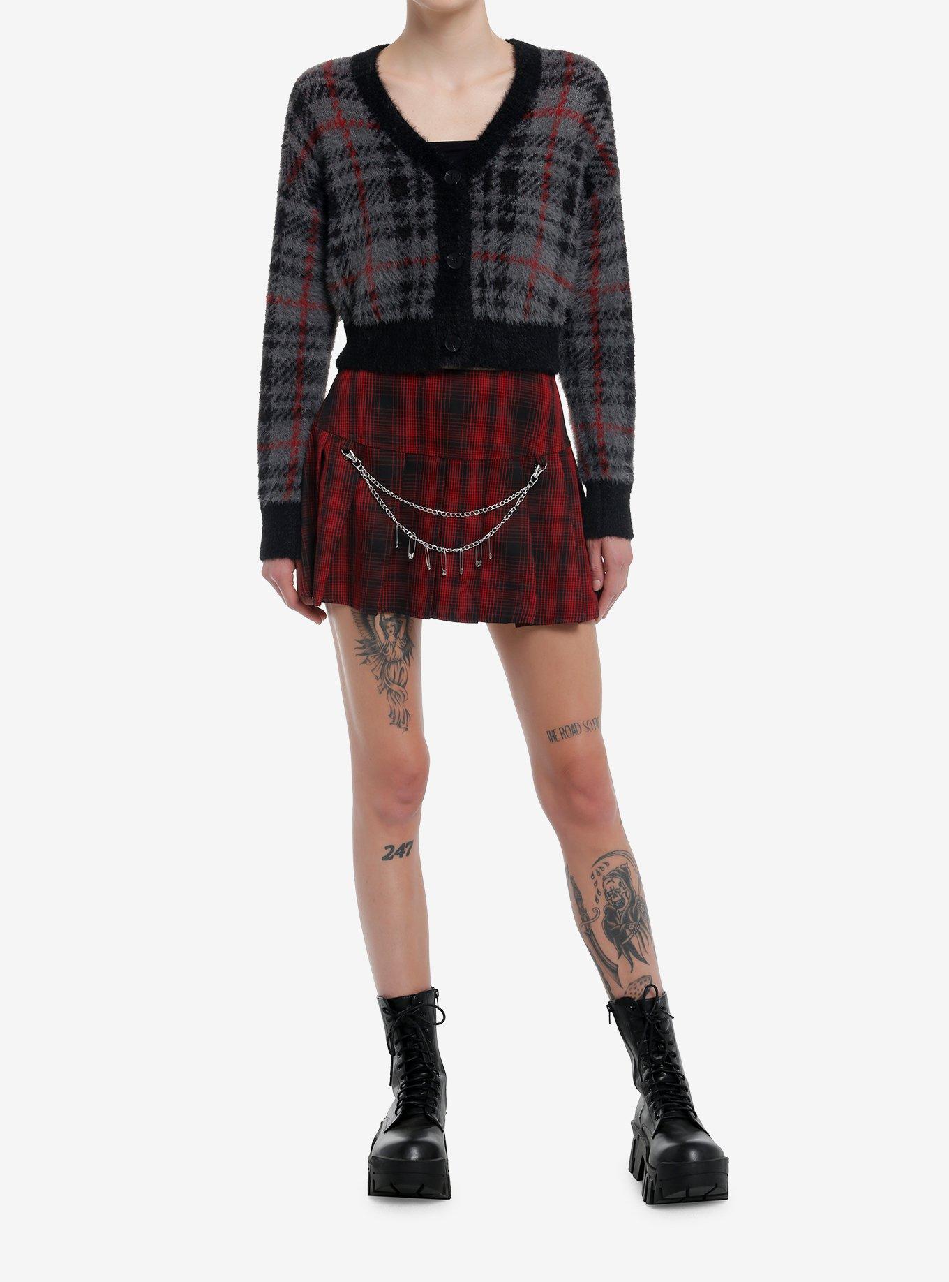 Social Collision Grey Plaid Fuzzy Girls Crop Cardigan, , hi-res