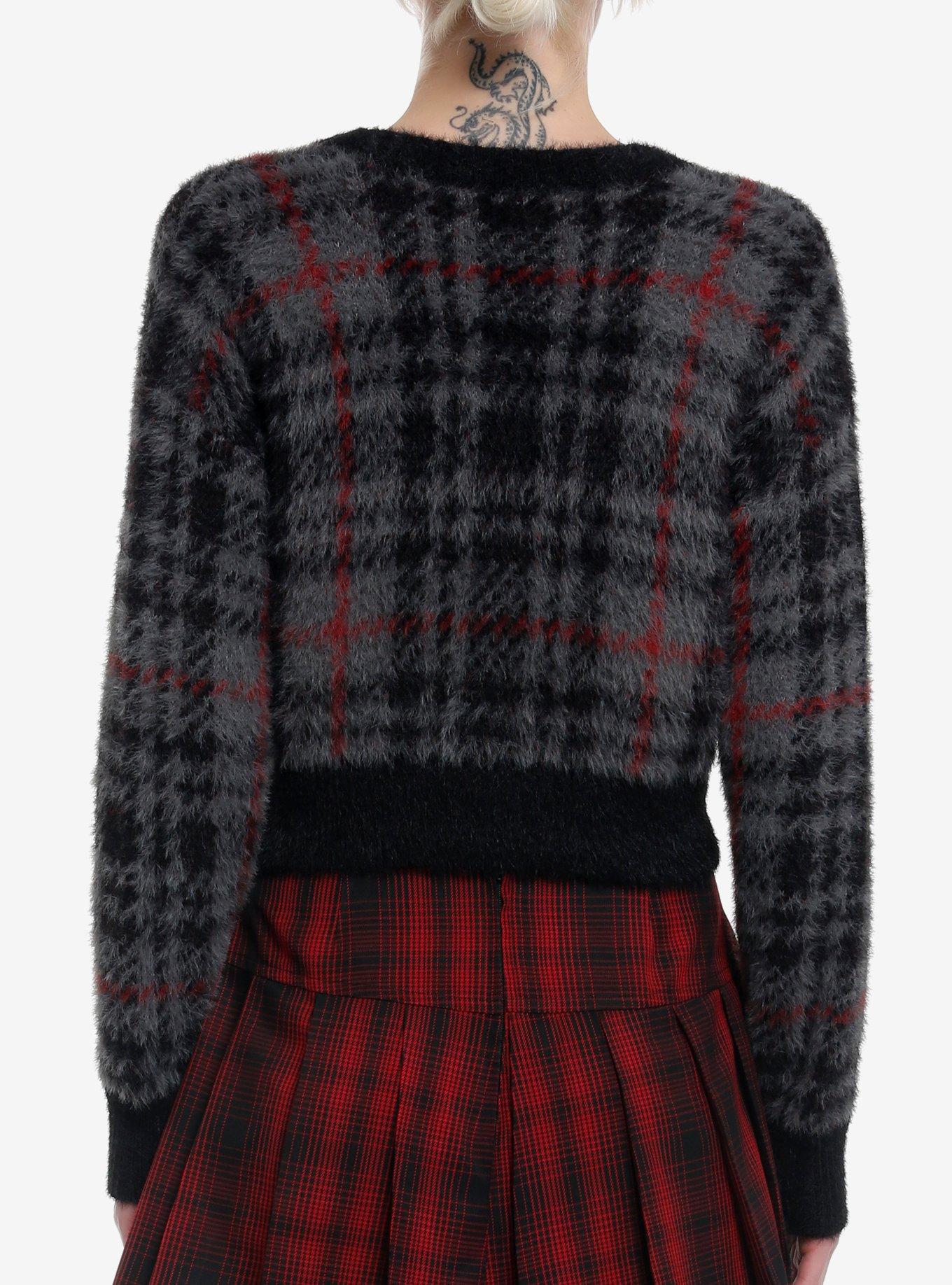 Social Collision Grey Plaid Fuzzy Girls Crop Cardigan, GREY, alternate