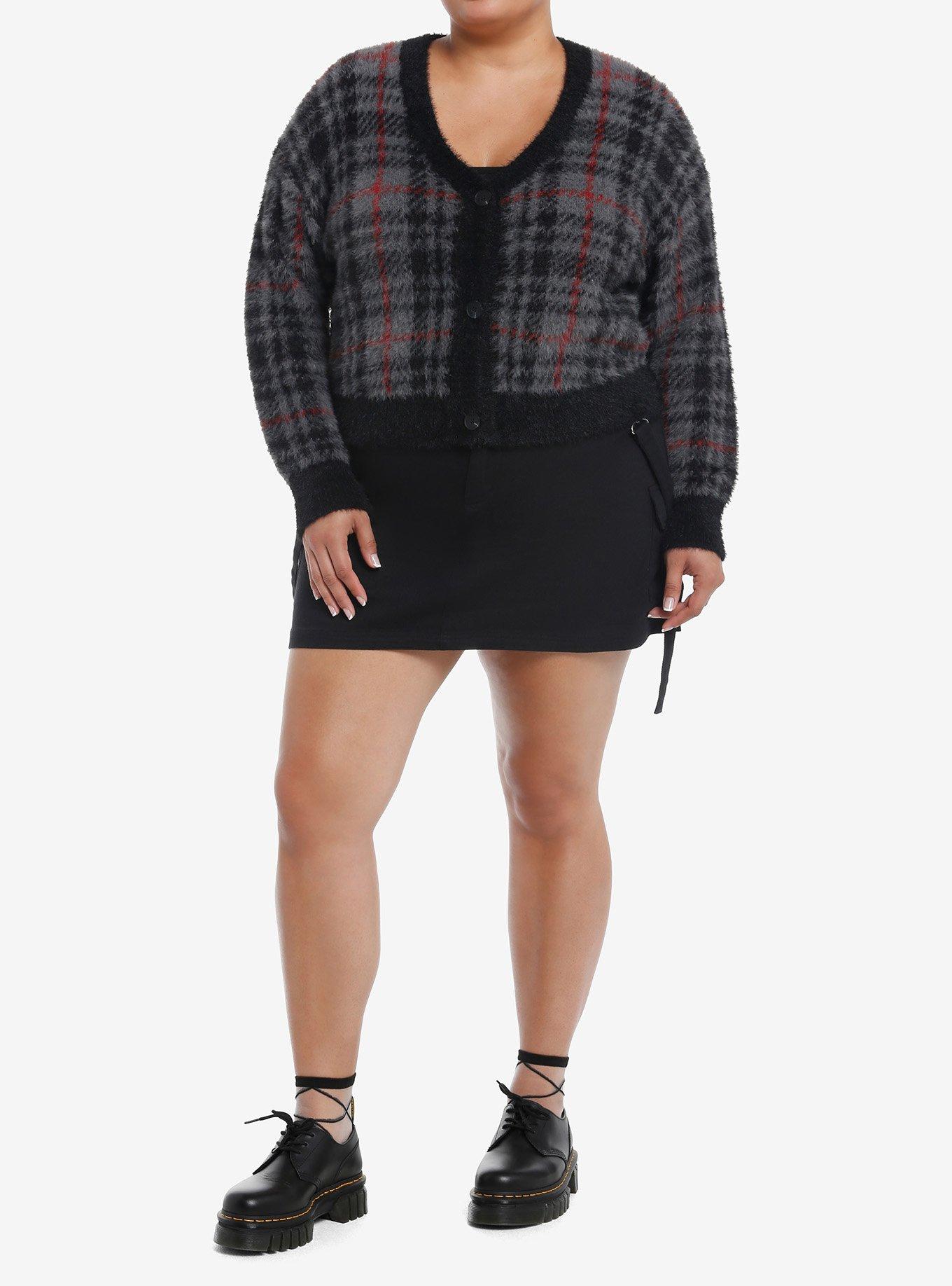 Social Collision Grey Plaid Fuzzy Girls Crop Cardigan Plus Size, , hi-res