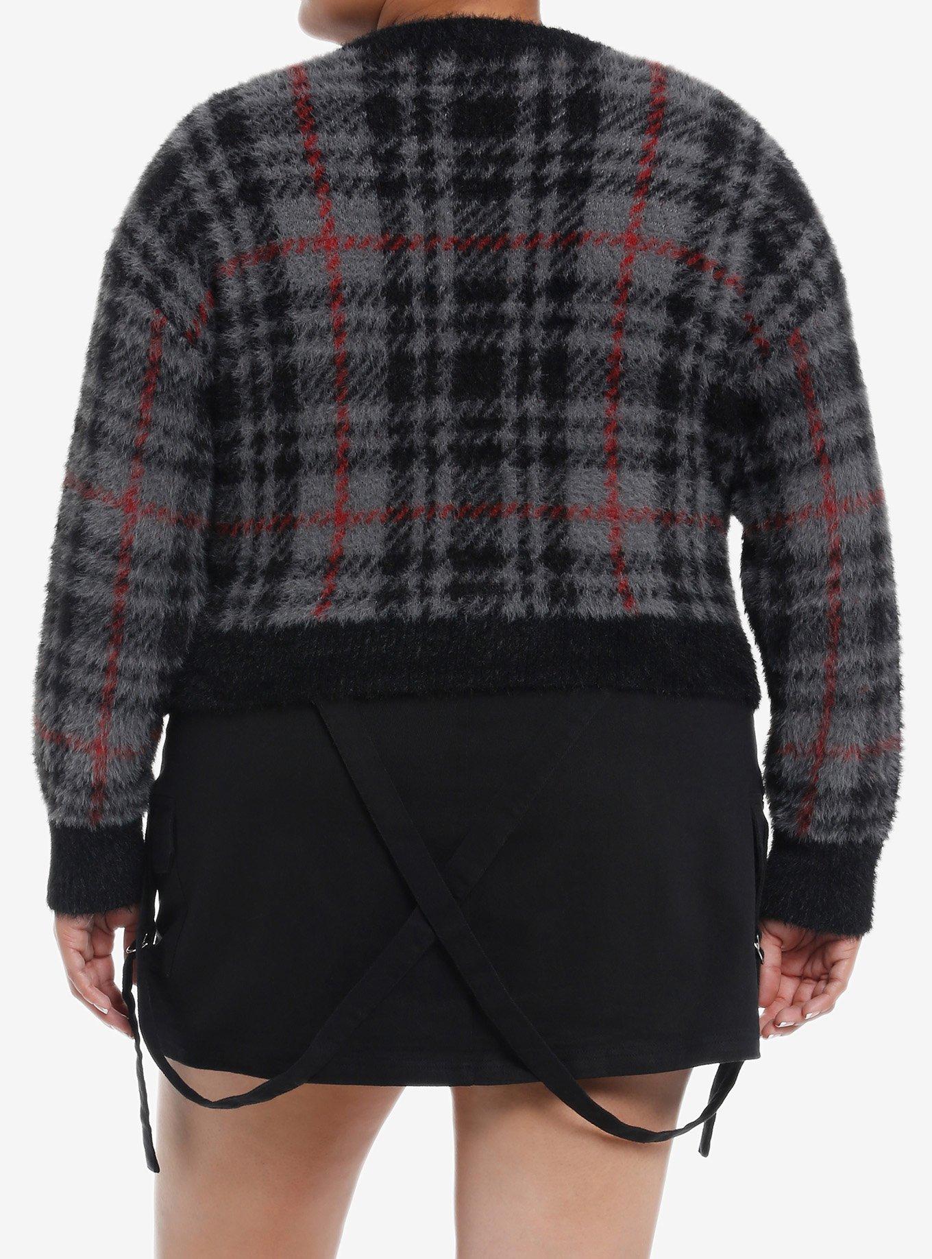 Social Collision Grey Plaid Fuzzy Girls Crop Cardigan Plus Size, GREY, alternate