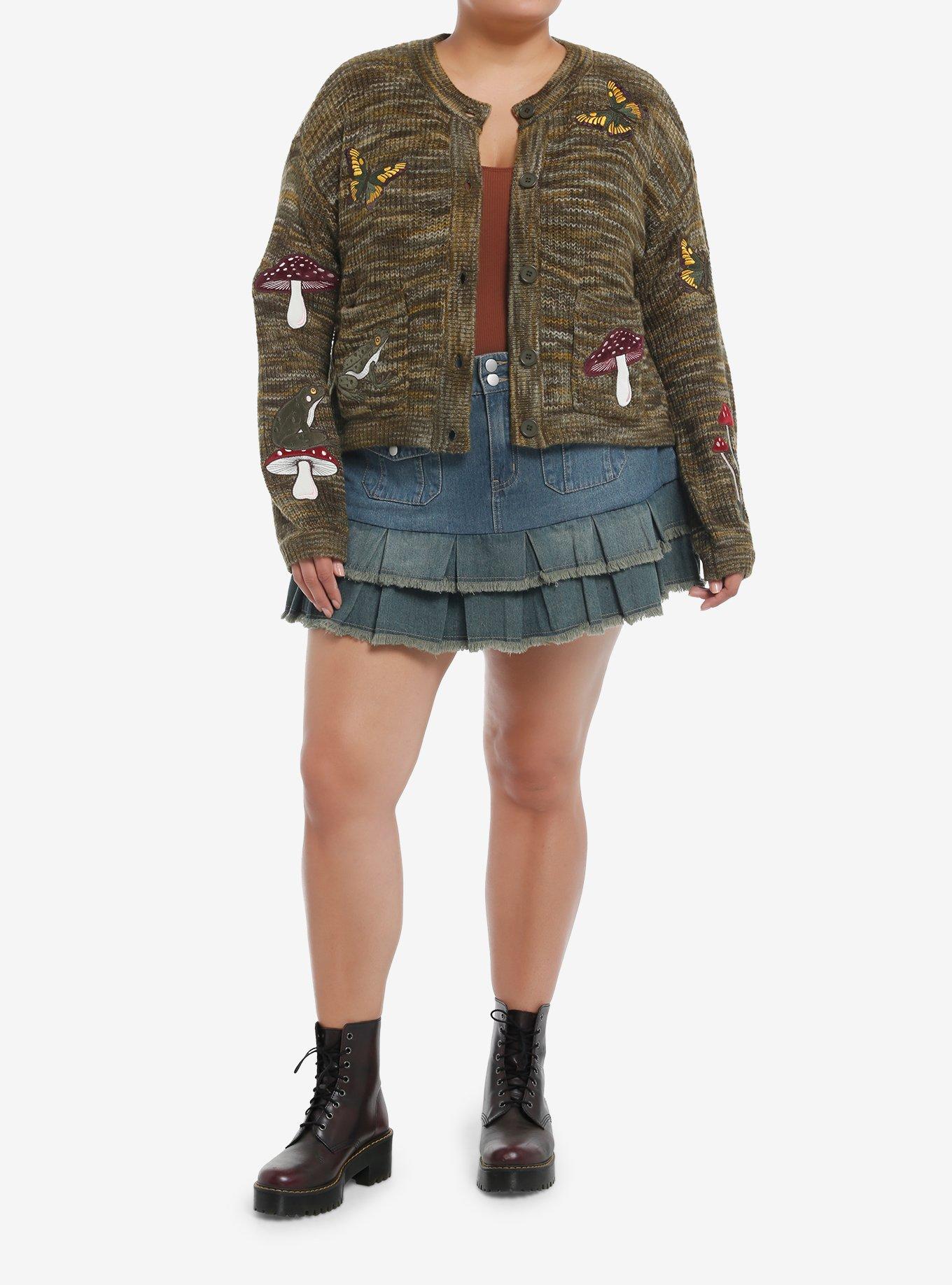 Thorn & Fable Mushroom & Critter Patches Marled Girls Cardigan Plus Size, , alternate