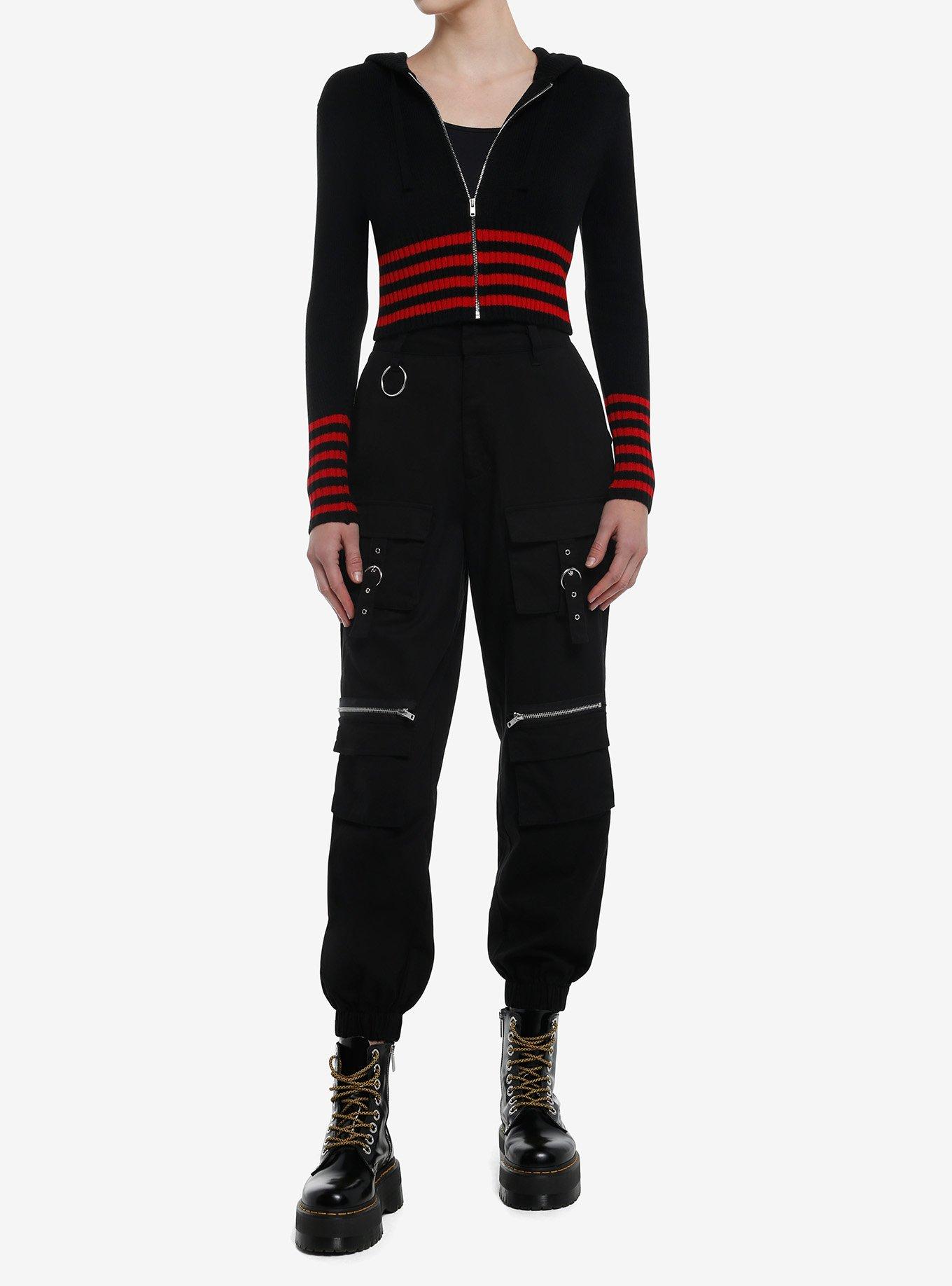 Social Collision Black & Red Stripe Girls Crop Hoodie, , hi-res