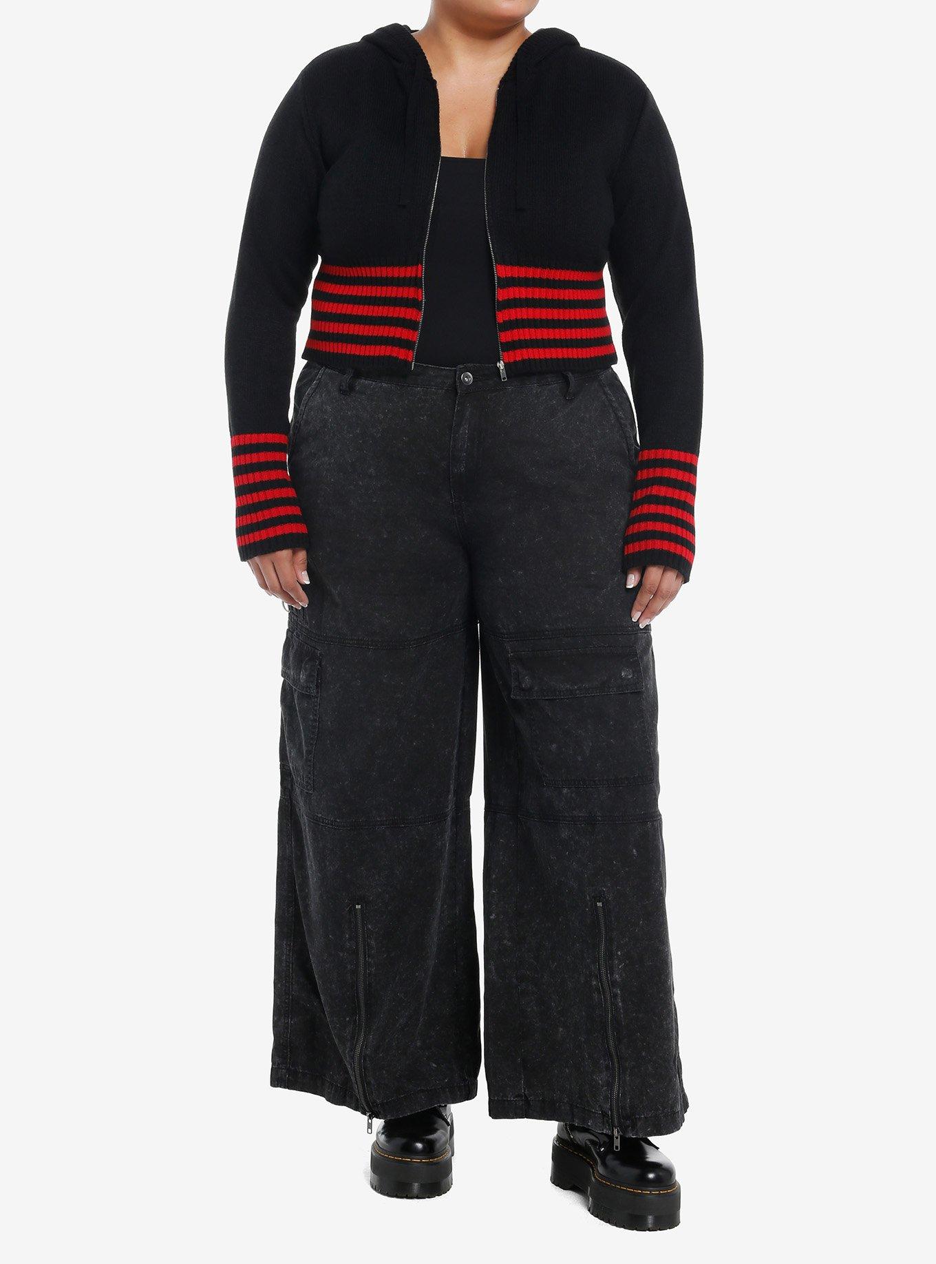 Social Collision Black & Red Stripe Girls Crop Hoodie Plus Size, , hi-res