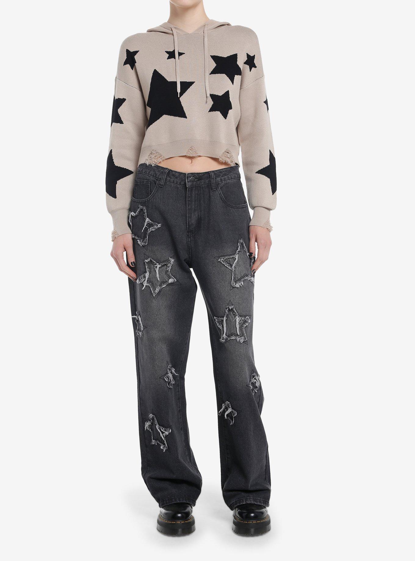 Social Collision Black Star Destructed Girls Crop Hoodie, , hi-res