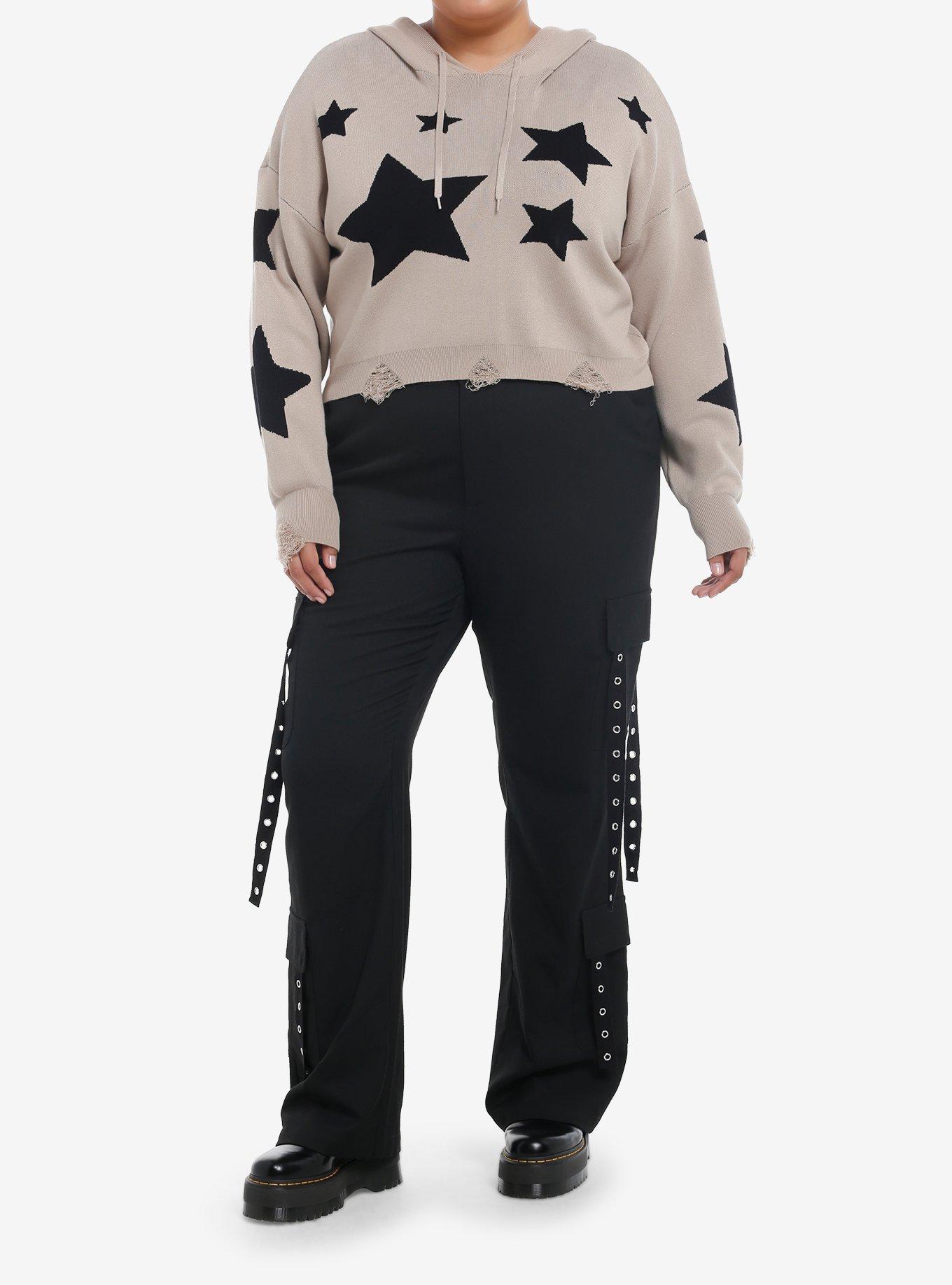Social Collision Black Star Destructed Girls Crop Hoodie Plus Size, , hi-res