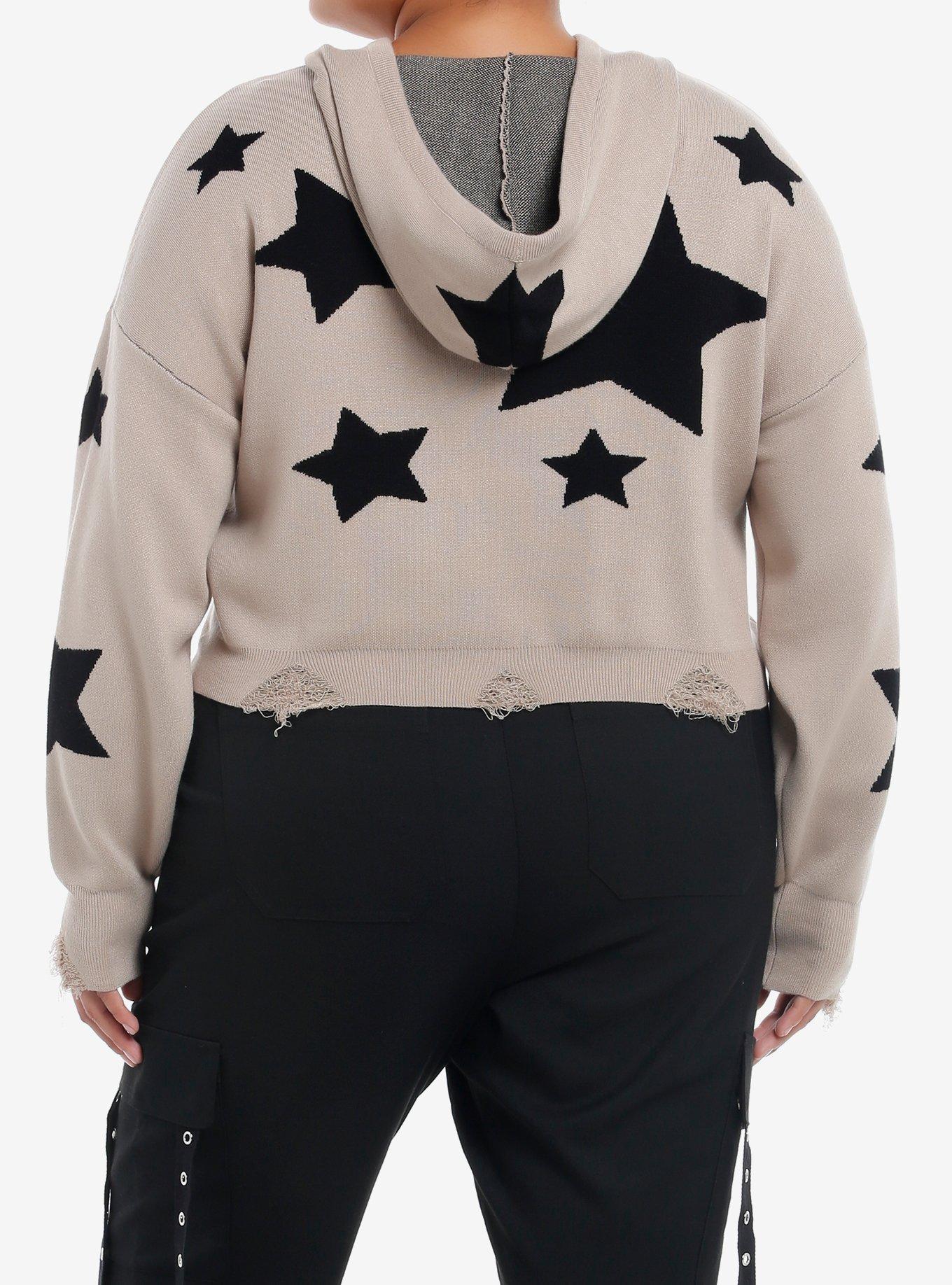 Social Collision Black Star Destructed Girls Crop Hoodie Plus Size, BLACK, alternate
