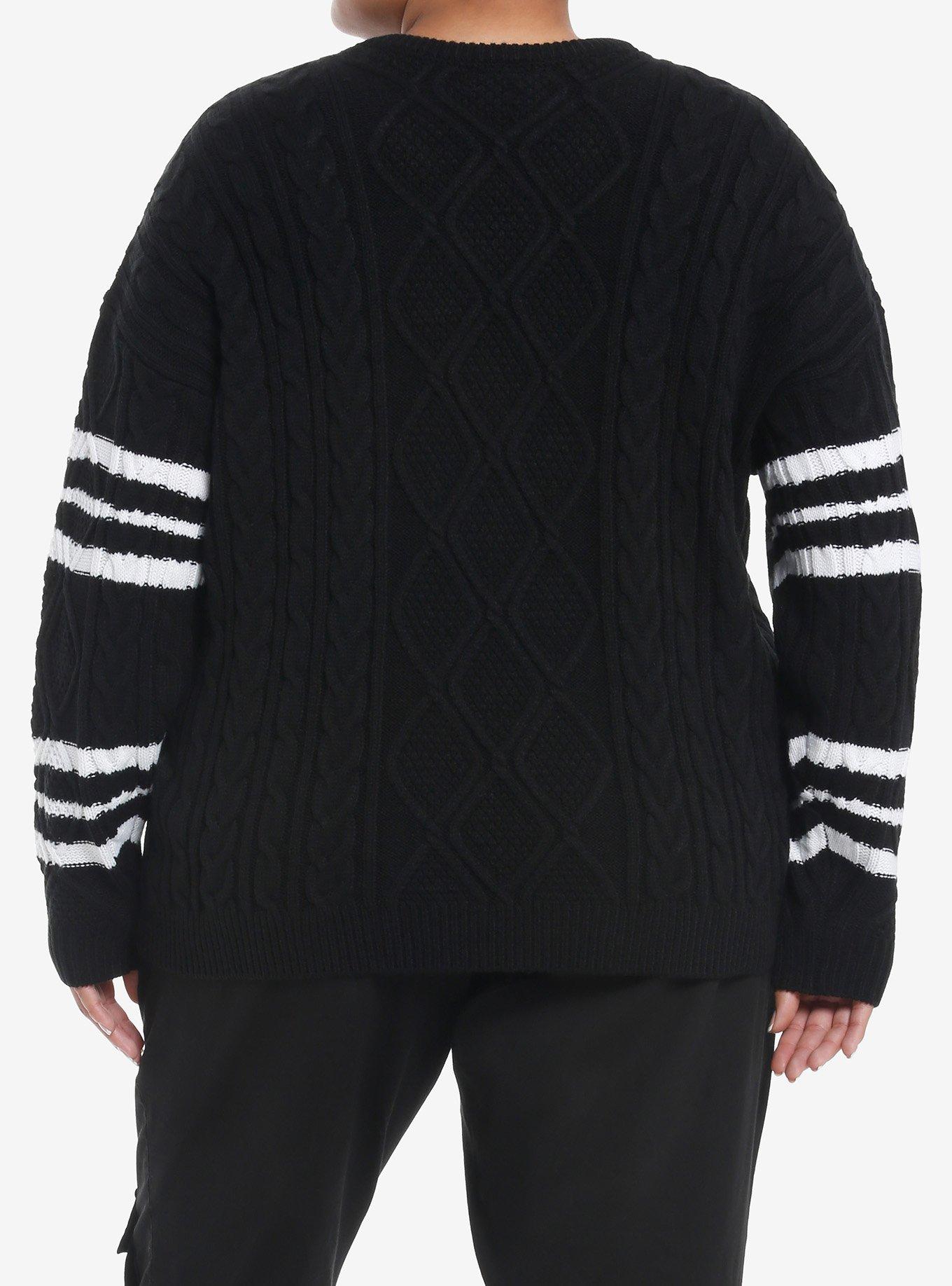 Social Collision Cable Knit Varsity Stripe Girls Sweater Plus Size, , alternate