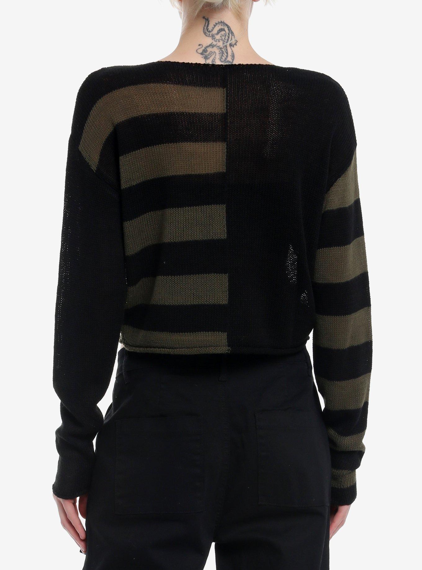 Social Collision Green & Black Stripe Bear Split Girls Crop Sweater, GREEN, alternate