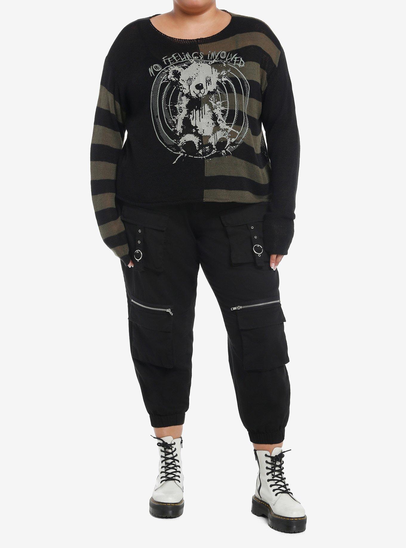 Social Collision Green & Black Stripe Bear Split Girls Crop Sweater Plus Size, , hi-res