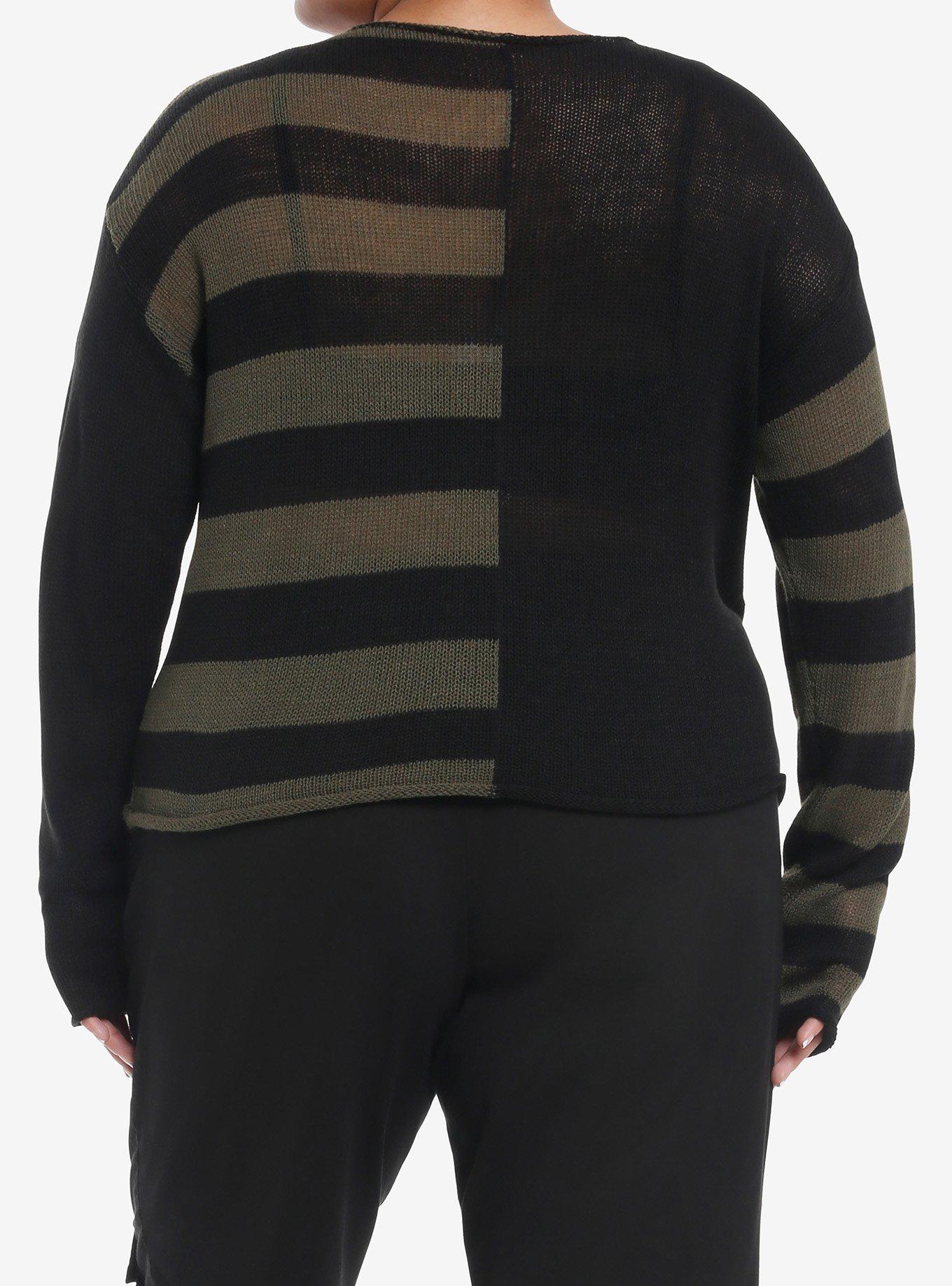 Social Collision Green & Black Stripe Bear Split Girls Crop Sweater Plus Size, GREEN, alternate