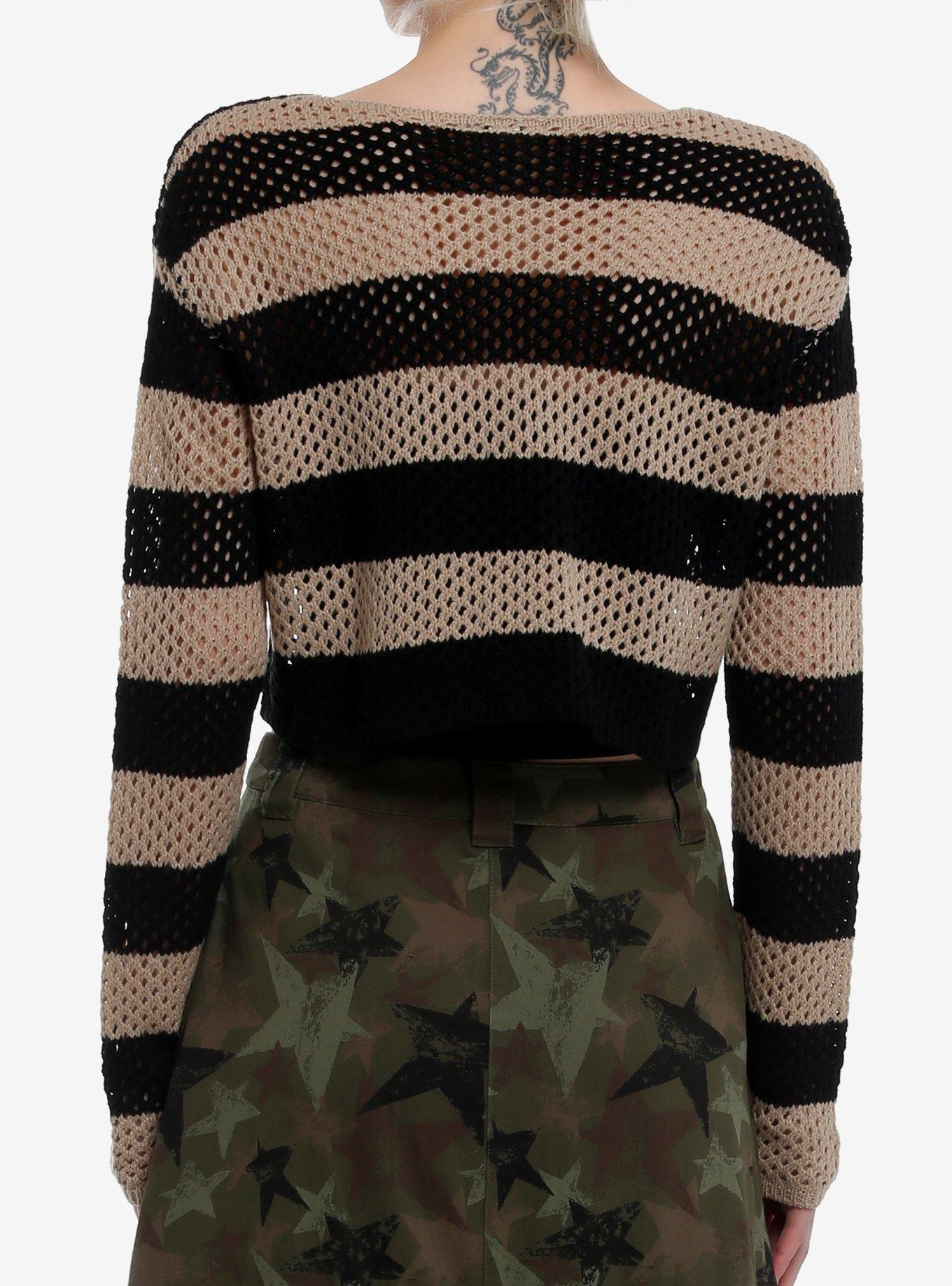 Social Collision Open Knit Safety Pin Bolero Girls Crop Sweater, BLACK, alternate