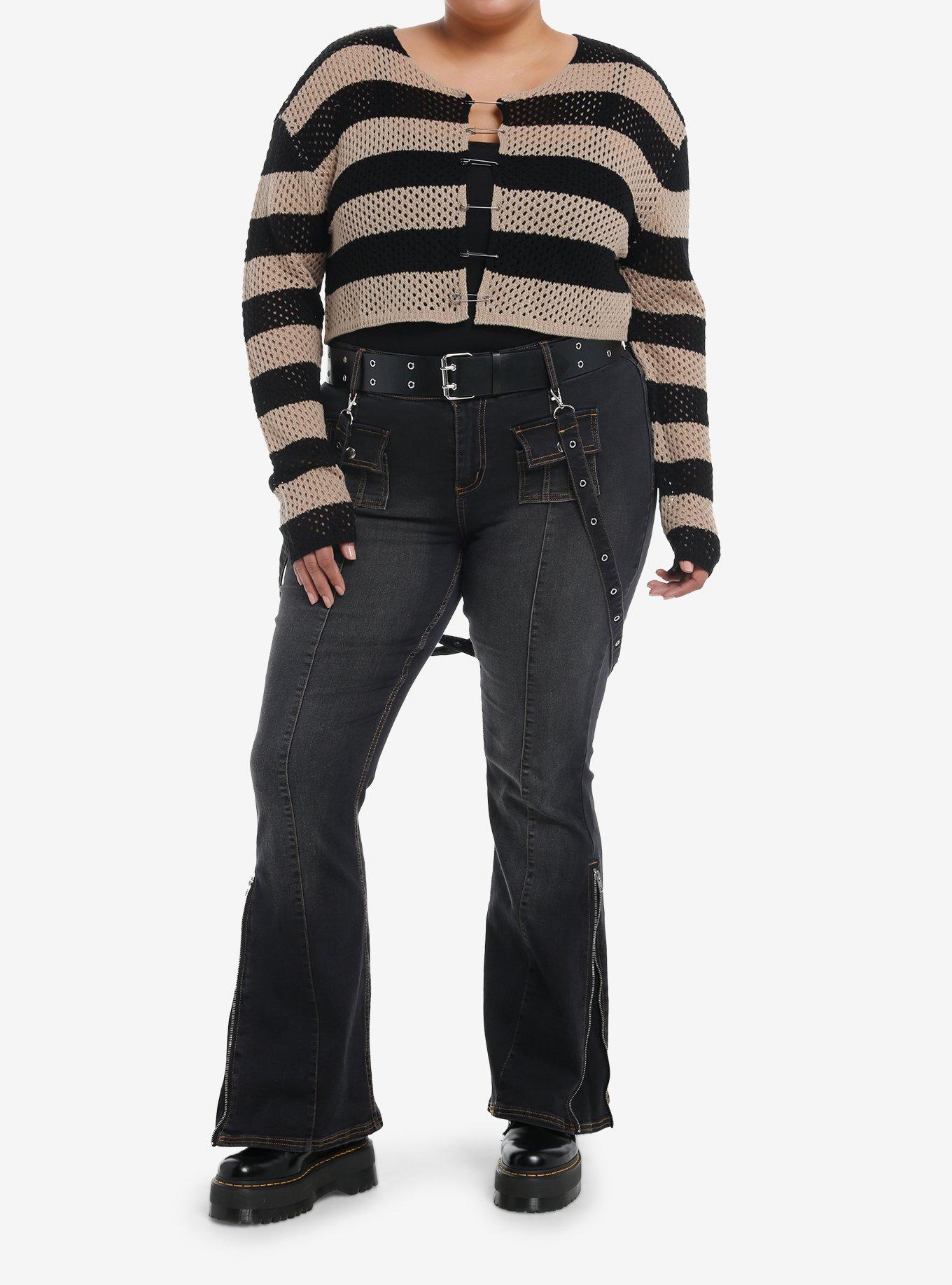 Social Collision Open Knit Safety Pin Bolero Girls Crop Sweater Plus Size, , hi-res