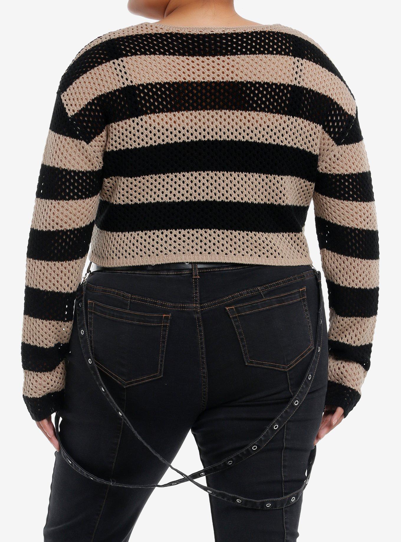 Social Collision Open Knit Safety Pin Bolero Girls Crop Sweater Plus Size, BLACK, alternate