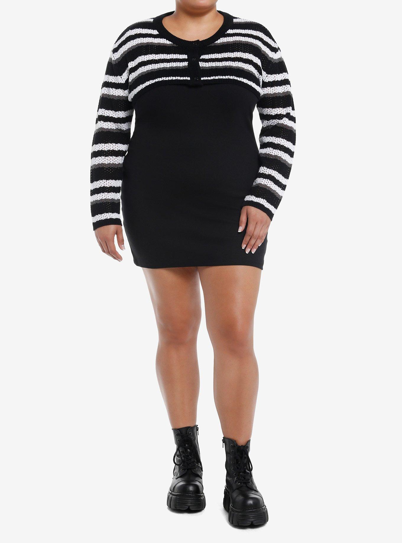 Social Collision Black & White Stripe Bolero Girls Crop Shrug Plus Size, , hi-res