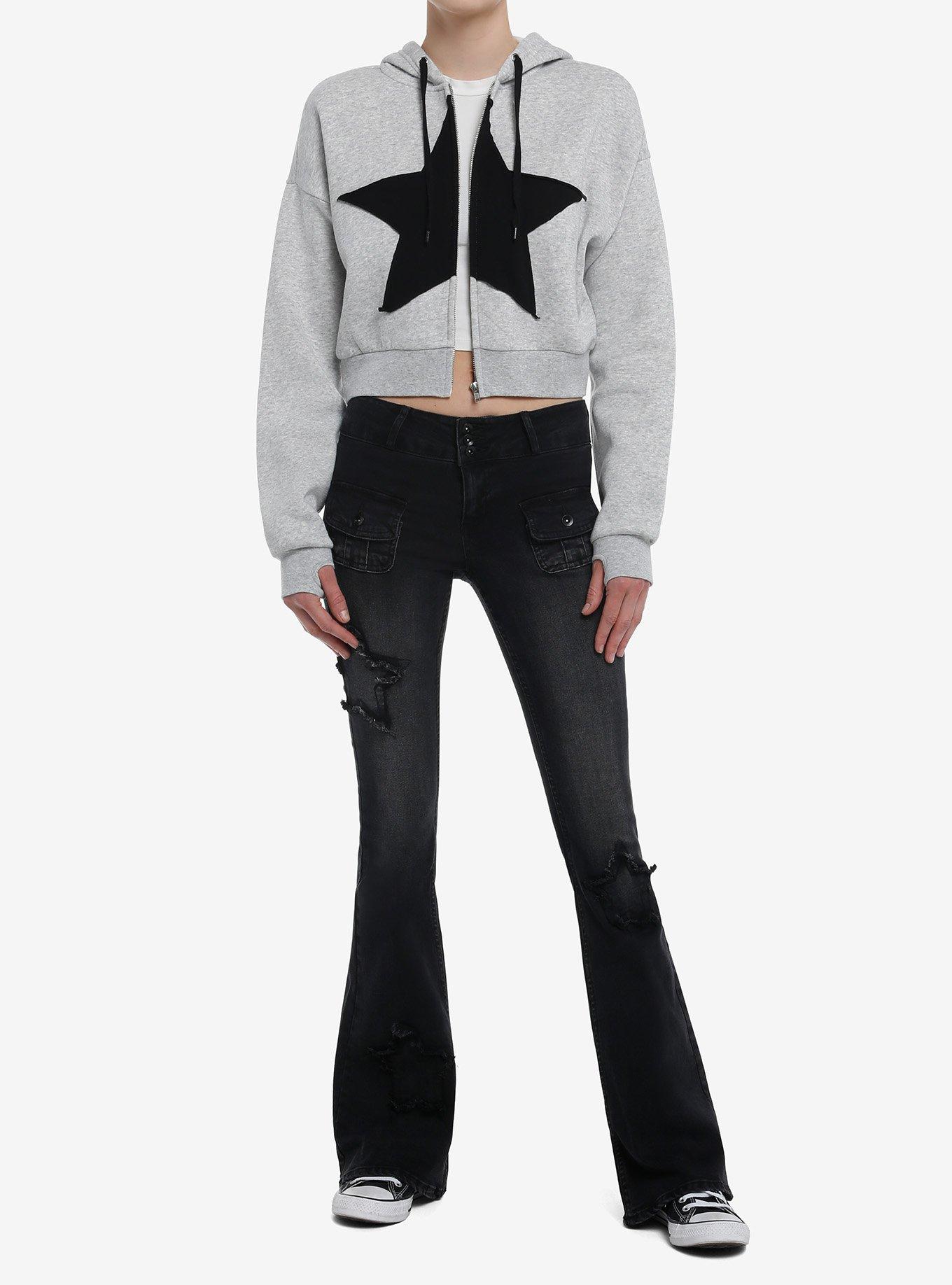 Social Collision Black Star Grey Crop Girls Hoodie, BLACK, alternate