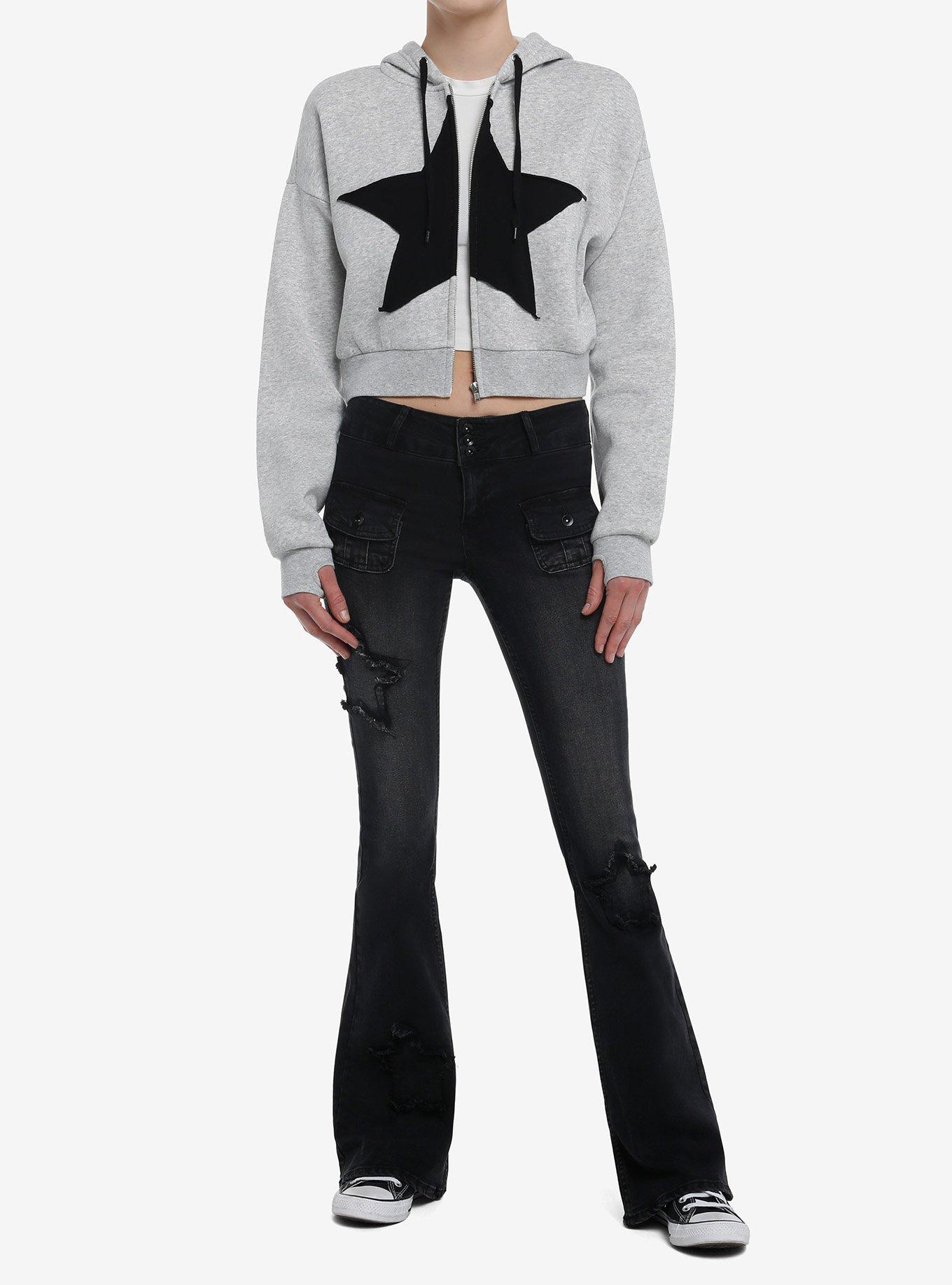 Social Collision Black Star Grey Crop Girls Hoodie, , hi-res