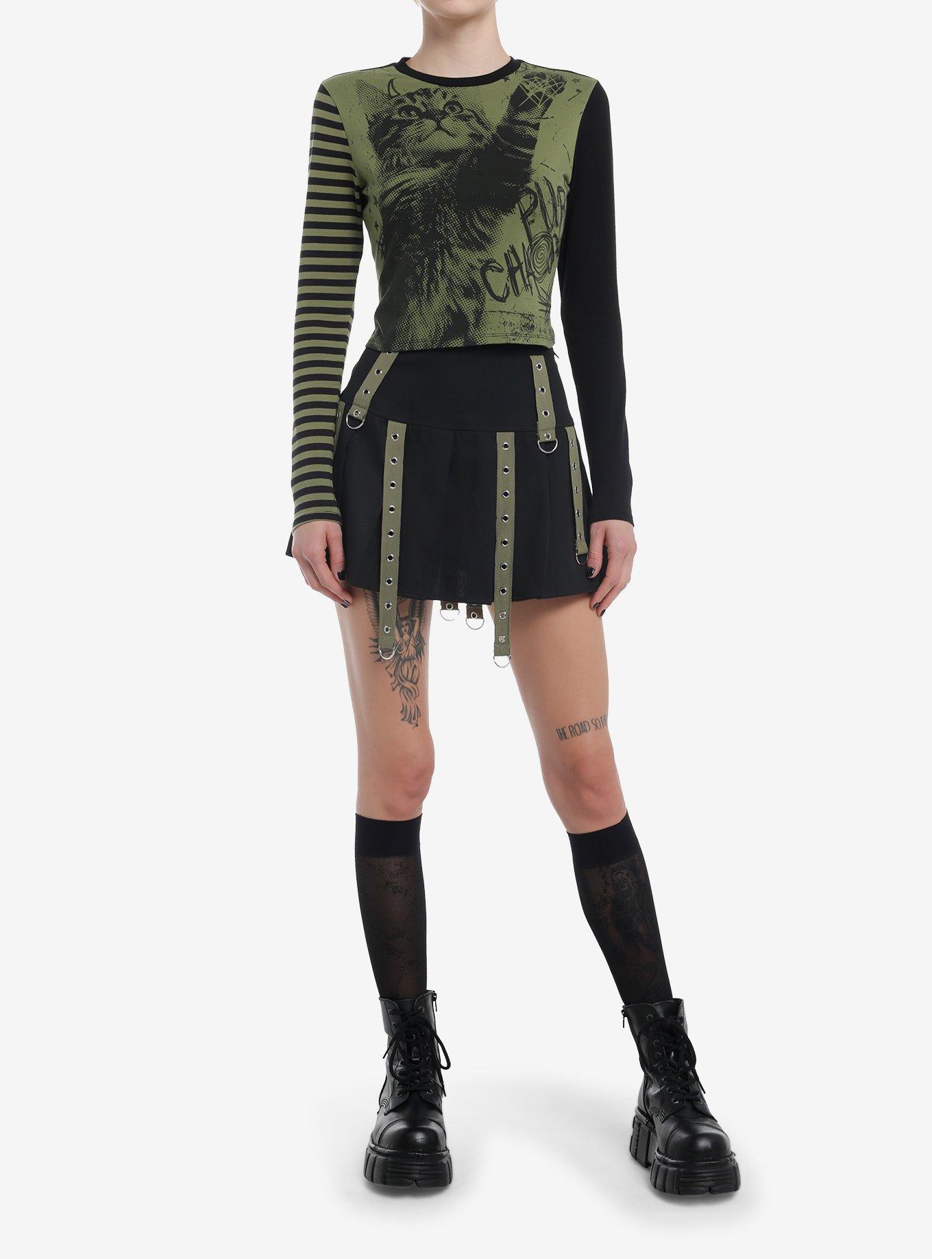 Social Collision Black & Green Grunge Cat Girls Long-Sleeve Top, , hi-res