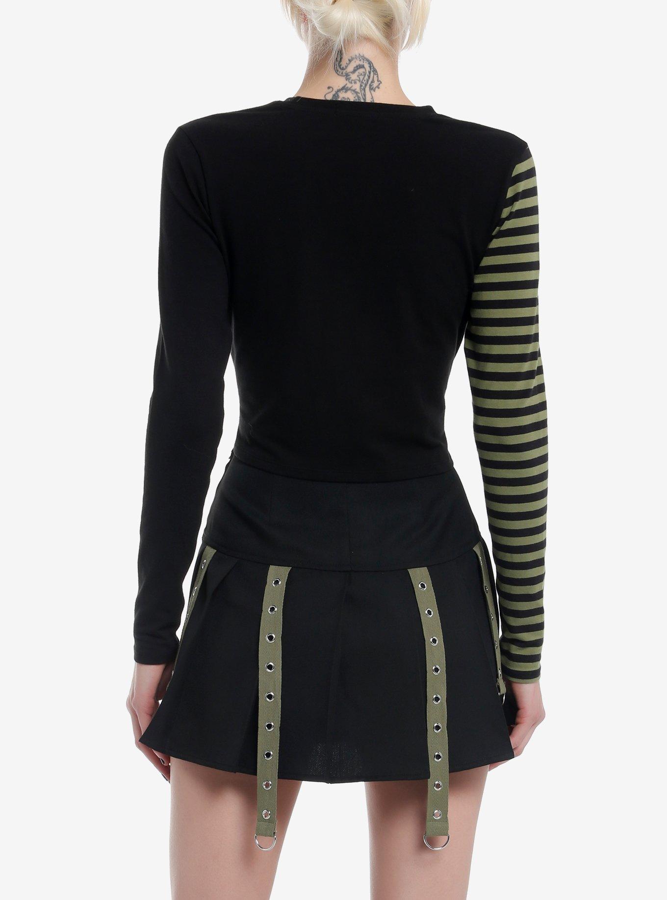 Social Collision Black & Green Grunge Cat Girls Long-Sleeve Top, BLACK, alternate